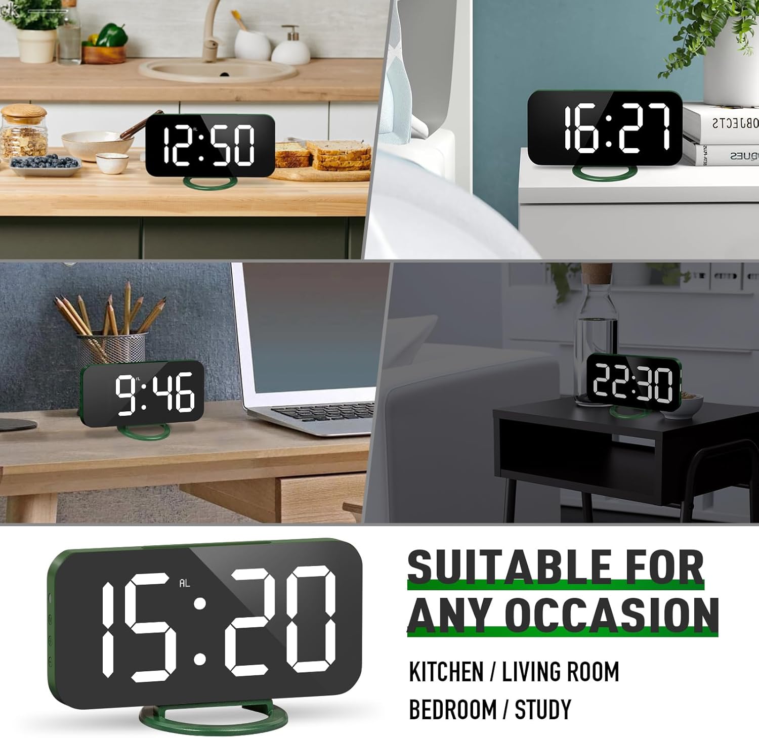 WulaWindy Reloj despertador digital, pantalla LED de espejo grande, con cargador USB, función de repetición, modo tenue, para colgar en la pared