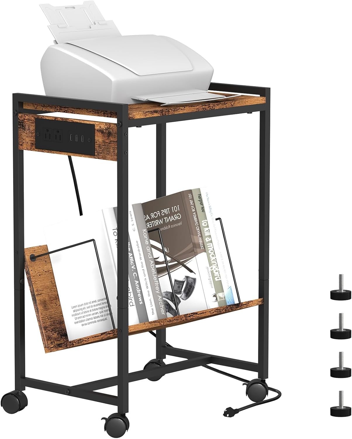 CADUKE Soporte para tocadiscos de 2 niveles con almacenamiento para discos de vinilo con ruedas, mesita de noche industrial con estación de carga