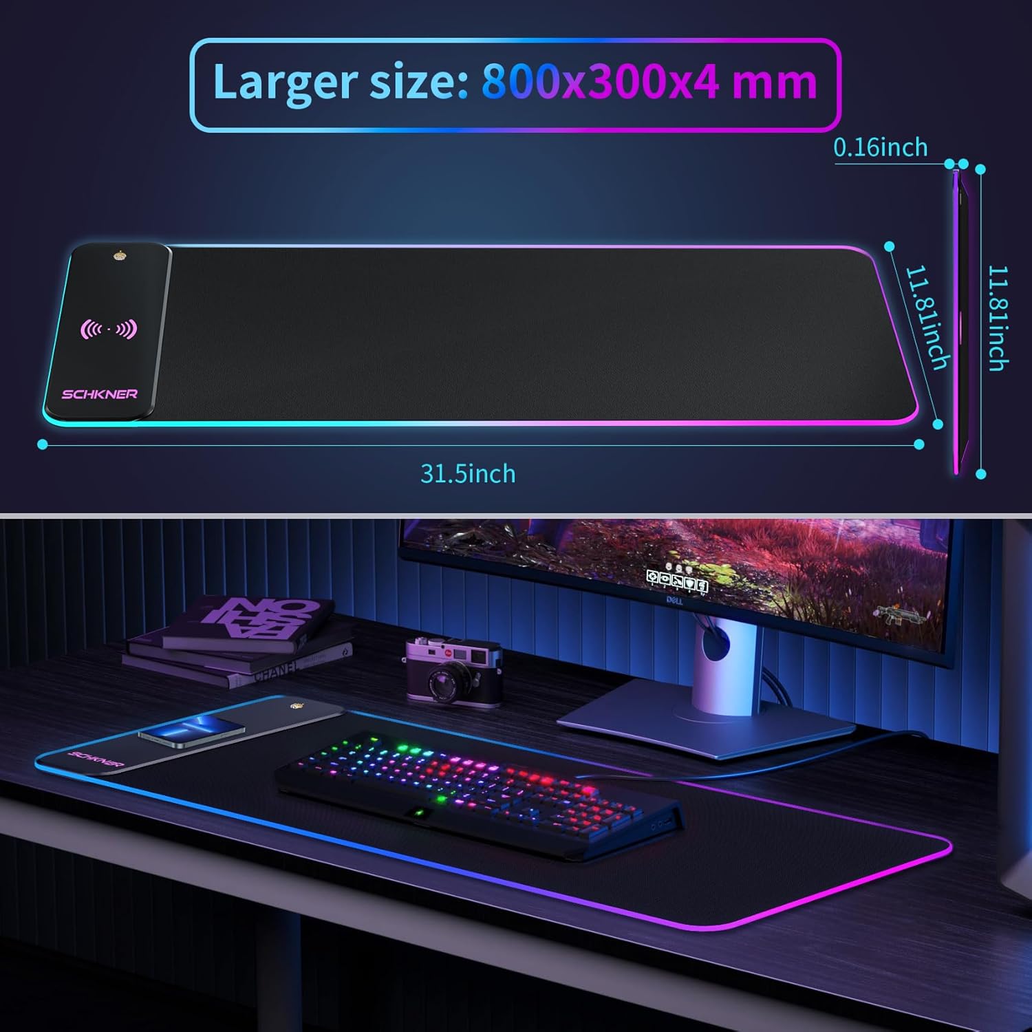 Schkner Alfombrilla de mouse RGB para juegos con carga inalámbrica, alfombrilla de mouse grande con luz LED, almohadilla de teclado con base de goma
