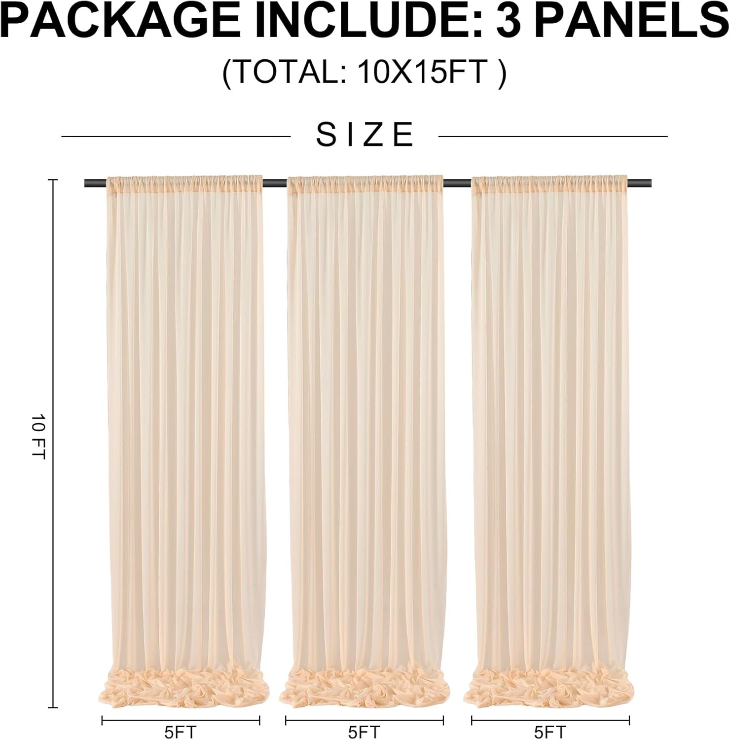 gogoparti Cortinas de fondo transparentes color champán de 15 x 10 pies para fiestas, 3 paneles de 5 x 10 pies, cortinas de fotografía sin arrugas,