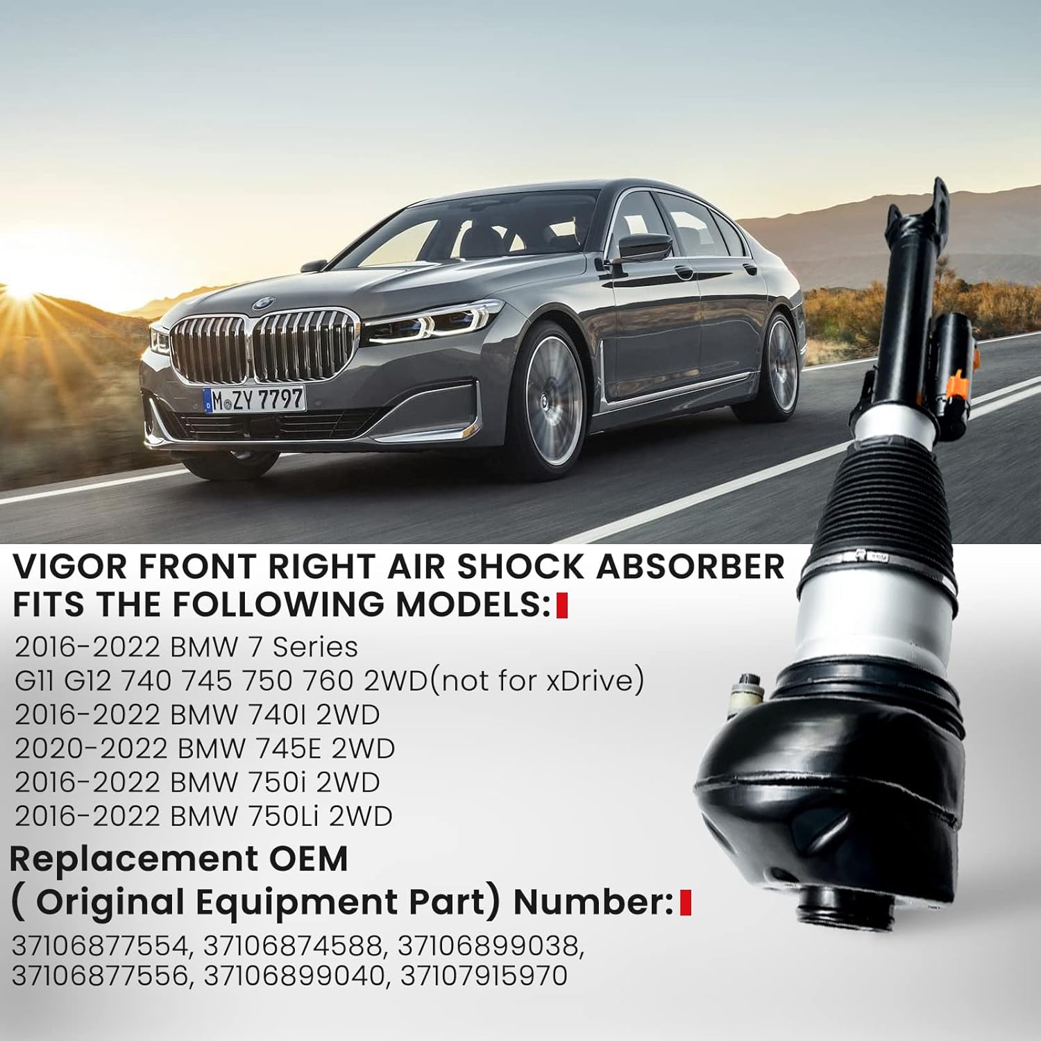 VIGOR Amortiguador de aire delantero derecho con EDC compatible con BMW Serie 7 2016-2022 G11 G12 740 745 750 760 2WD Car Air Strut OEM Reemplazar