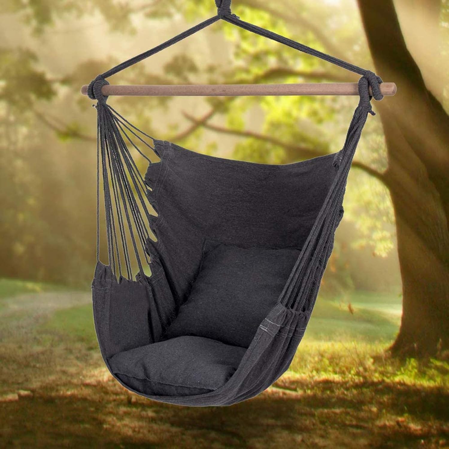 Silla hamaca columpio, silla colgante de macramé, lona de algodón, incluye dos cojines de asiento suaves, silla hamaca colgante de cuerda para