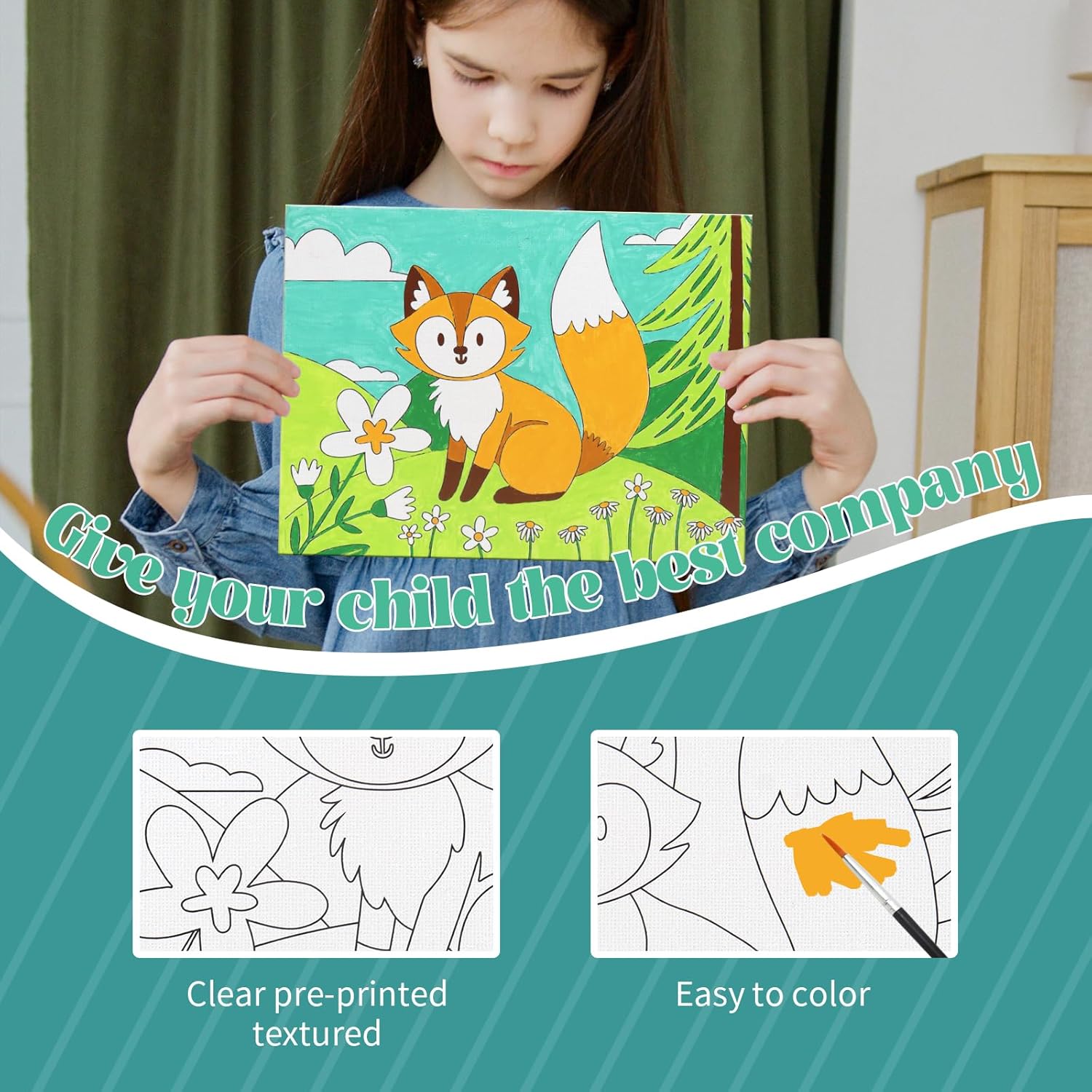 8 paquetes de lienzos predibujados para pintar niños, lienzo para niños, kits de pintura para niños de 4 a 8, 48 pinturas, 8 pinceles, 2 caballetes,