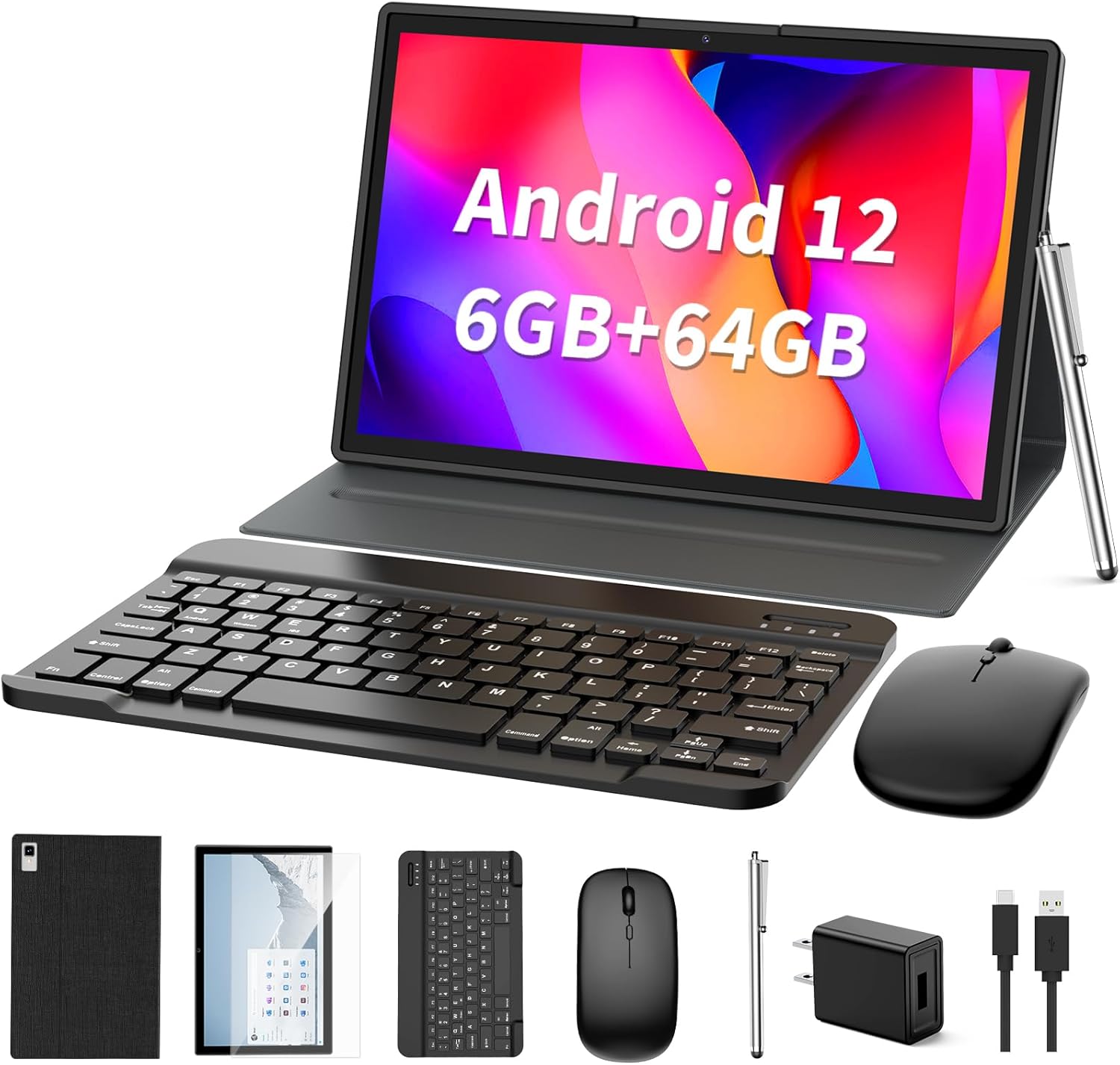 Android Tablet 2 in 1 Tablet, 10 inch Android 12 Tablet 6GB+64GB with Keyboard, Tablets with Case Mouse Stylus,512GB Expandable Dual Camera, WiFi,