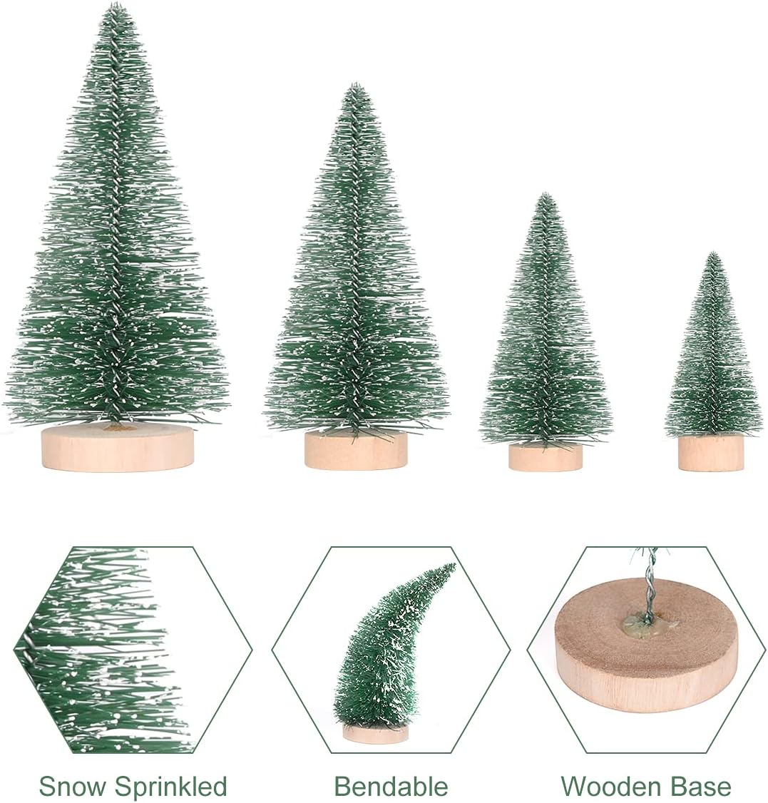 DDHS 24 mini árboles de Navidad artificiales, cepillo mejorado para botellas de 4 colores, árbol de Navidad con base de madera, sisal esmerilado