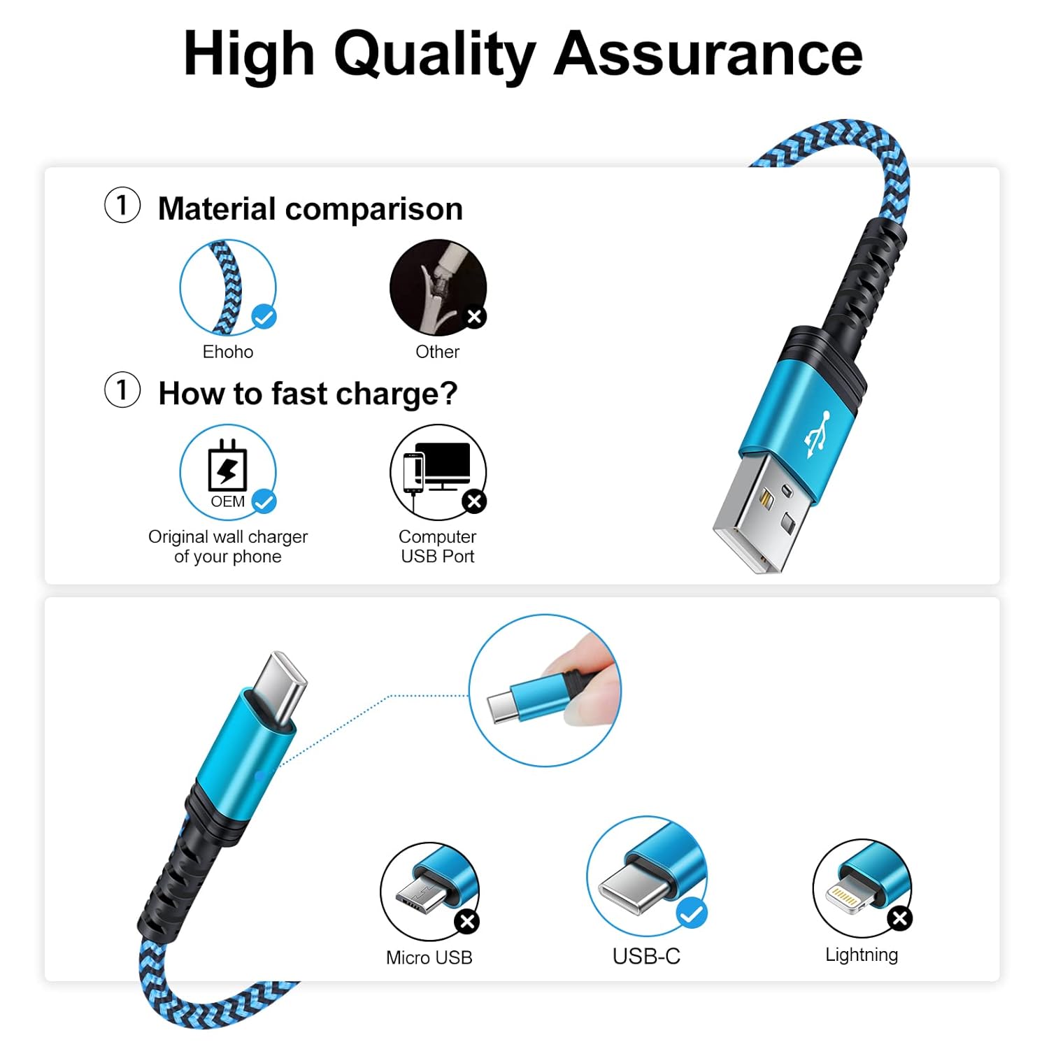 Cable USB C de carga rápida, paquete de 2 cables tipo C de 3 pies, cable trenzado de teléfono Android para Samsung Galaxy A15 5G A16 A56 A35 A32 A12