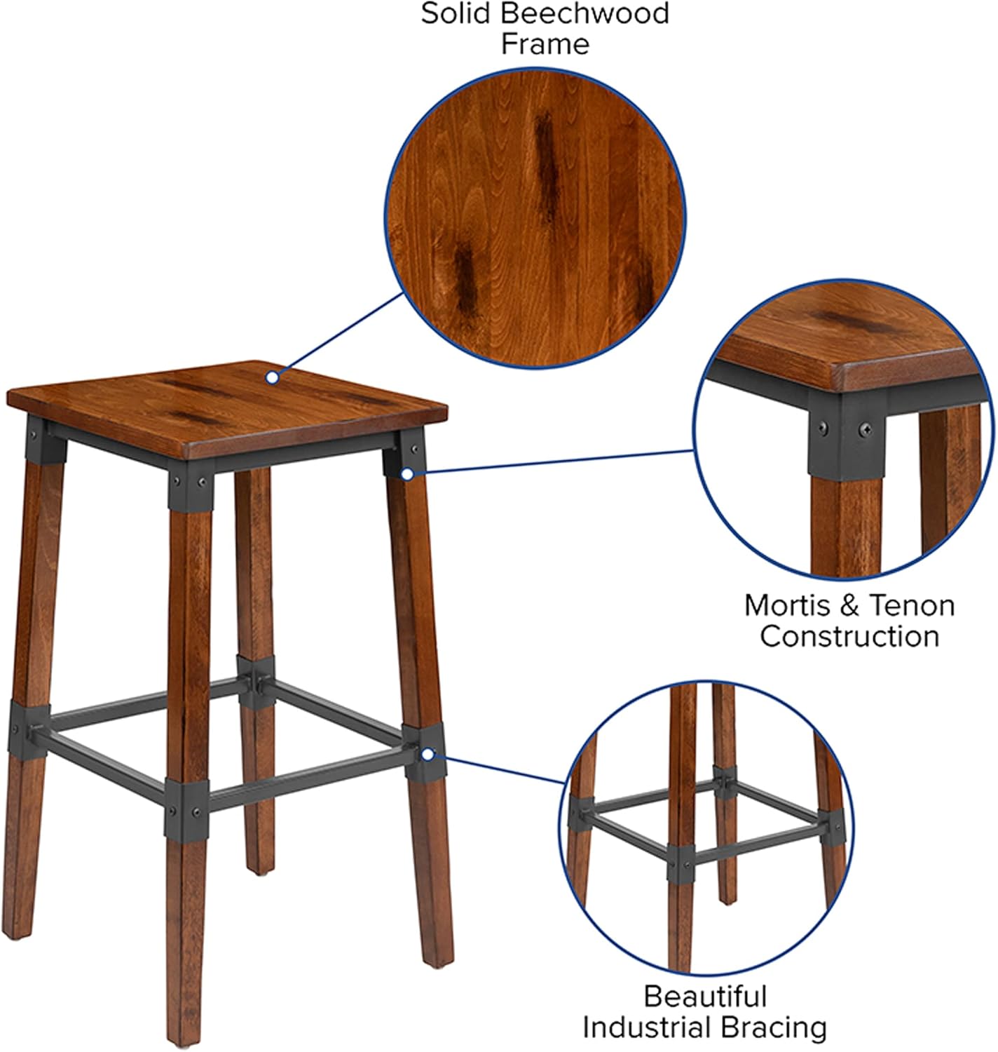 Flash Furniture Jackson – Taburete de bar de madera industrial de nogal antiguo, 2 unidades