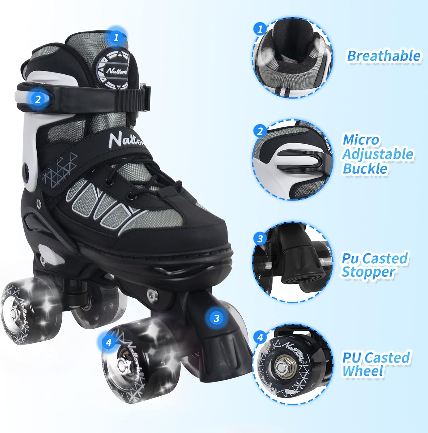 Nattork Patines de ruedas para niños y niñas, 4 tamaños ajustables con ruedas iluminadas para niños principiantes para interiores y exteriores