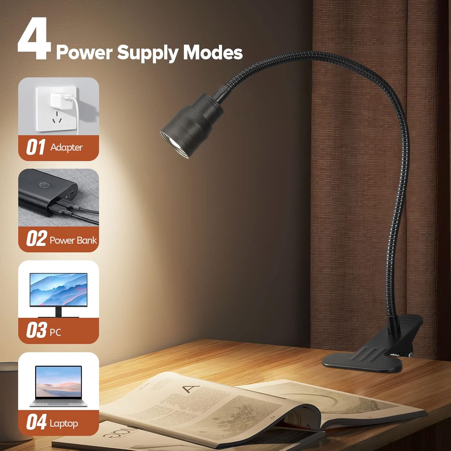 Luces de lectura LED con zoom para cabecera de cama, lámpara de proyector con clip para escritorio, cama de dormitorio, luz de libro con abrazadera