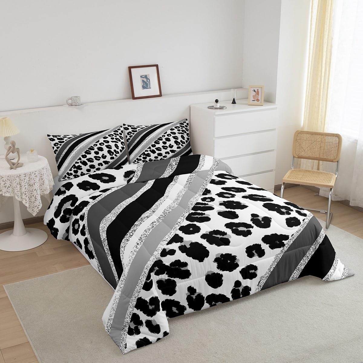 Juego de edredón para niños con estampado de leopardo, tamaño matrimonial, juego de ropa de cama de moda de piel de guepardo abstracto, decoración