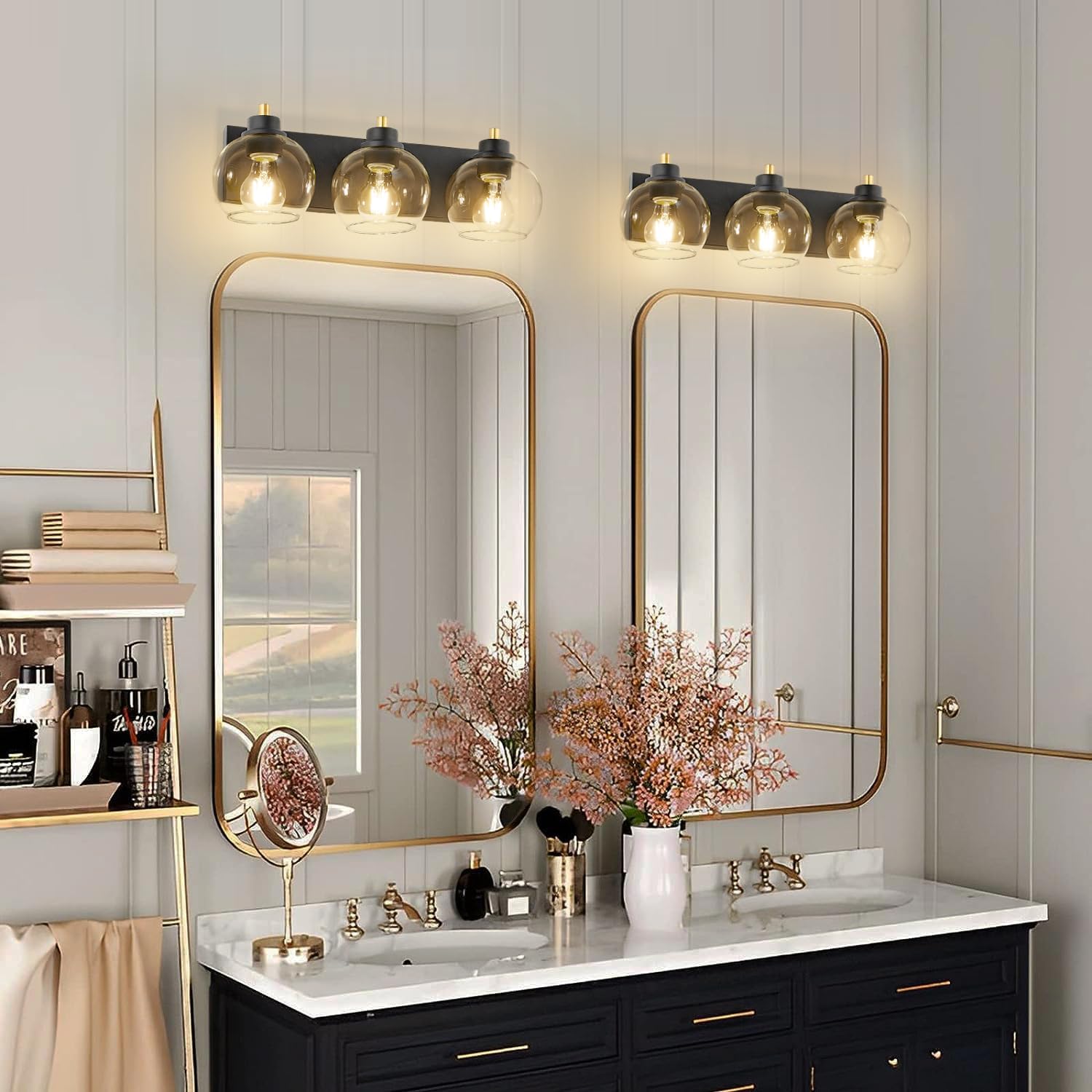 Lámpara de tocador de baño de 3 luces, lámparas de baño negras y doradas, lámpara de tocador moderna con pantalla de vidrio transparente, aplique de
