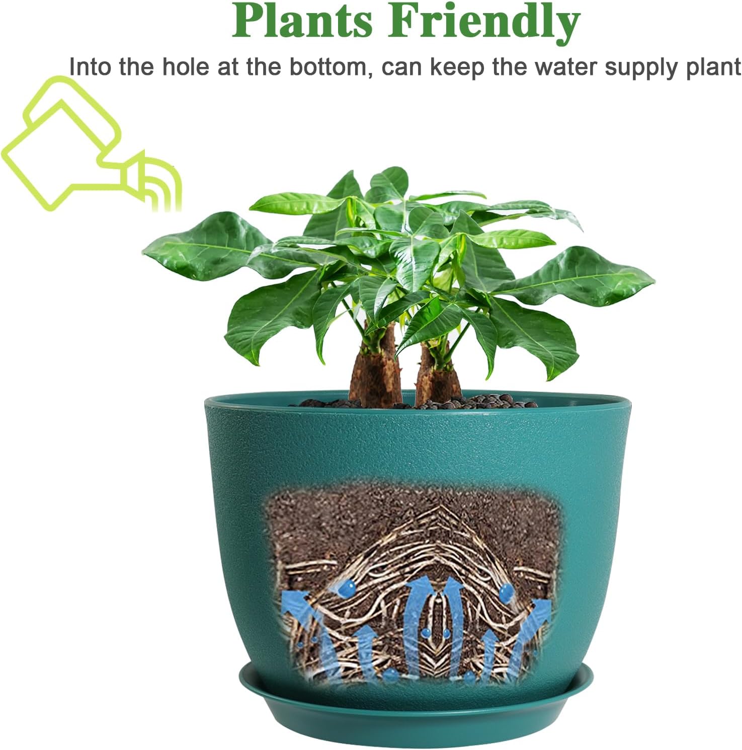 Macetas modernas grandes de plástico con agujeros de drenaje y platillos para plantas de interior y exterior, flores, verde malaquita
