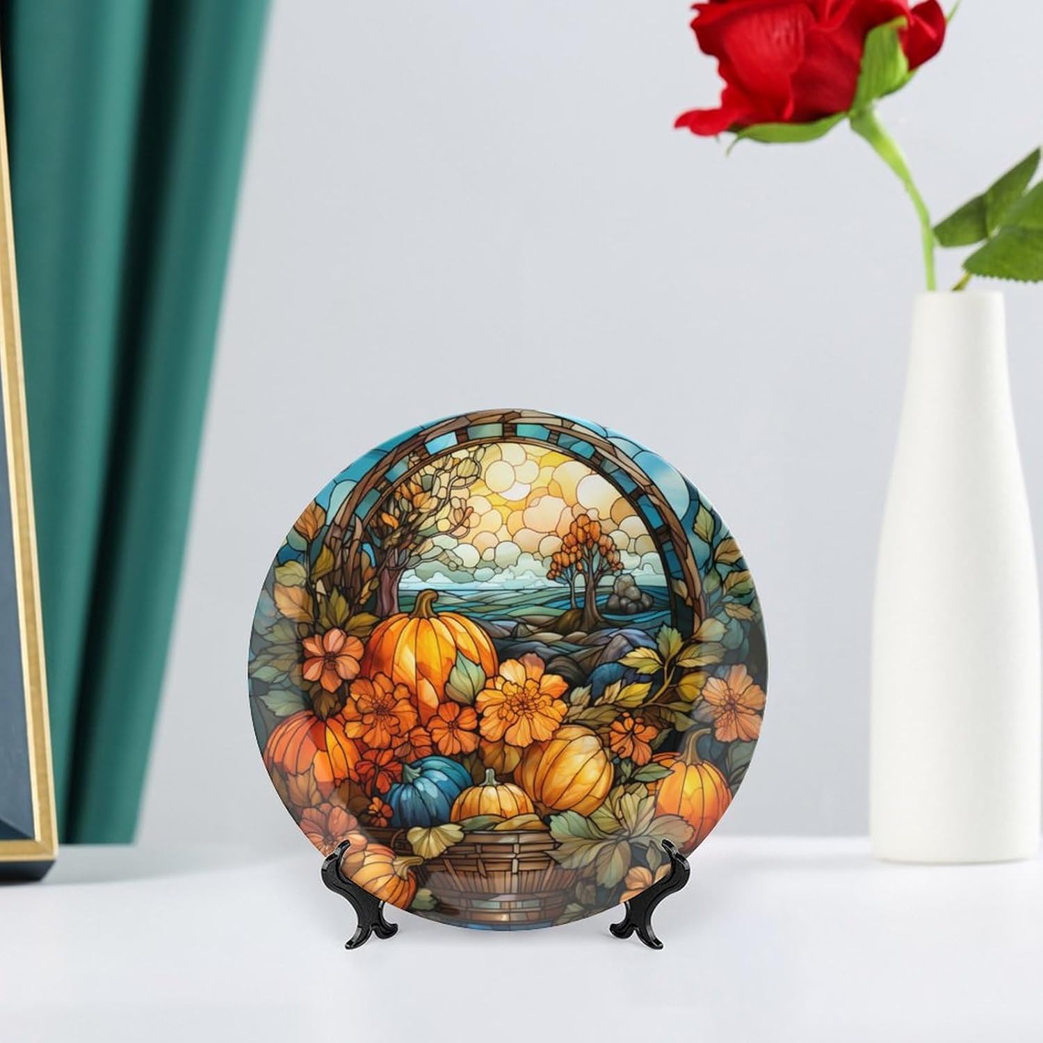 Plato de cosecha de otoño de calabaza para decoración de pared de oficina en casa, plato decorativo con soporte de exhibición, adorno de cerámica,
