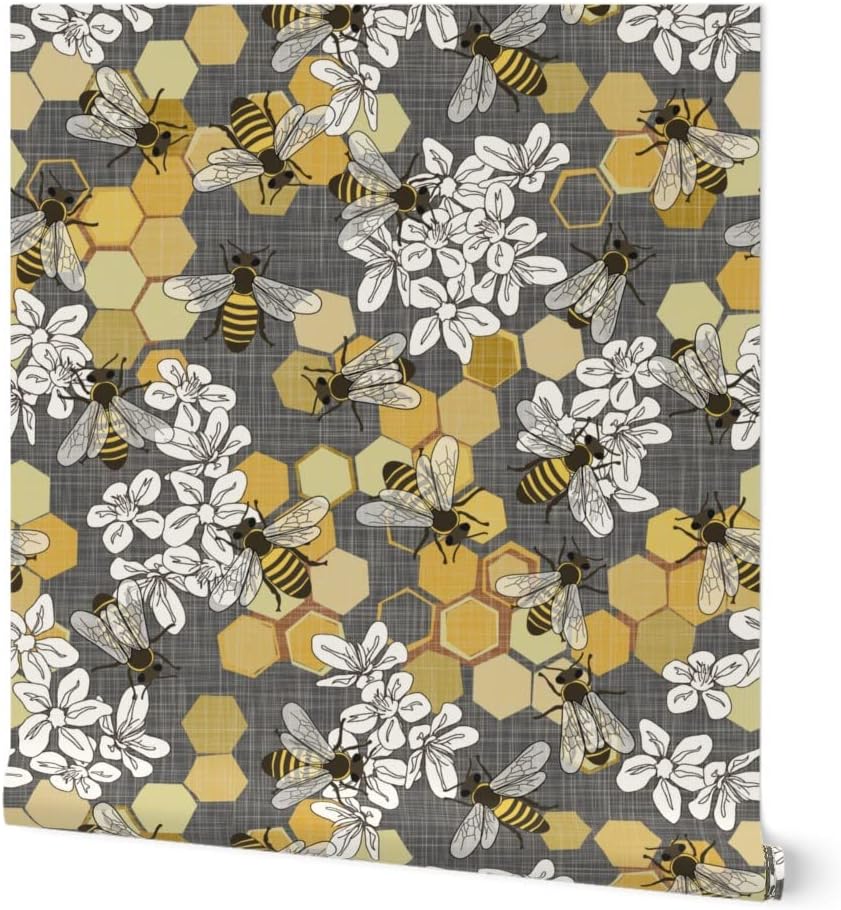Spoonflower Papel tapiz autoadhesivo de 3 x 2 pies – Blanco Floral Naturaleza Insectos Amarillos Modernos Abejas Miel Gris Papel pintado extraíble
