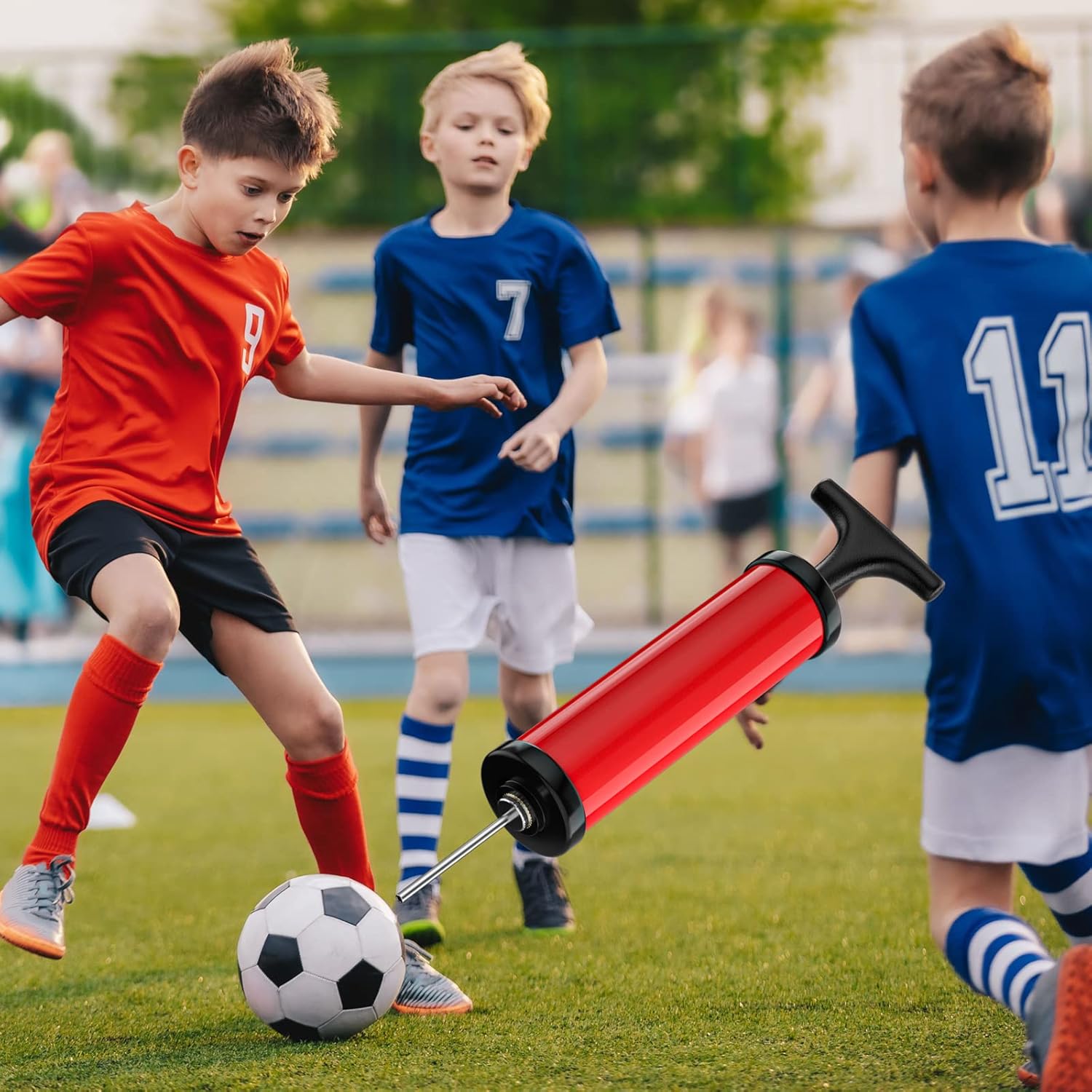 Motorenbau Bomba de bola, bomba de pelota deportiva con 5 agujas, boquilla, manguera de extensión, sistema de inflado de empuje y tirón, perfecta