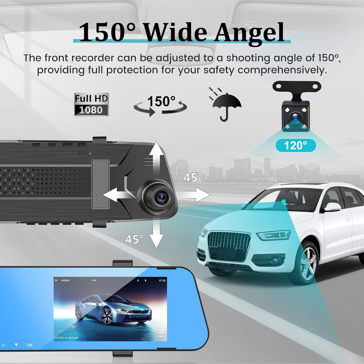 Cámara de espejo retrovisor de 4.5 pulgadas para automóvil con tarjeta TF de 64G, pantalla táctil IPS de 1080P, grabación de bucle, ángulo ancho de