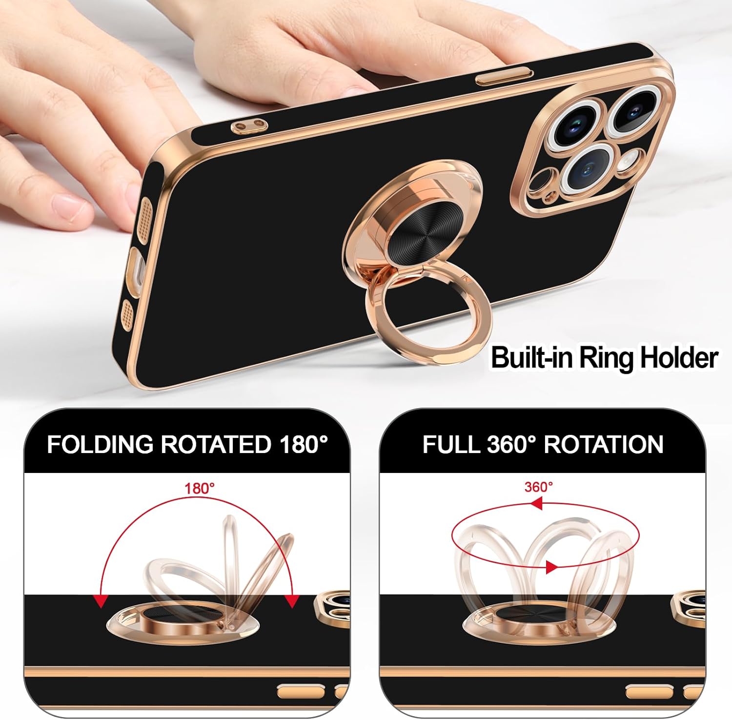 Hython Funda para iPhone 15 Pro con soporte de anillo, soporte de anillo giratorio de 360, soporte magnético, chapado en oro rosa, cubierta suave,