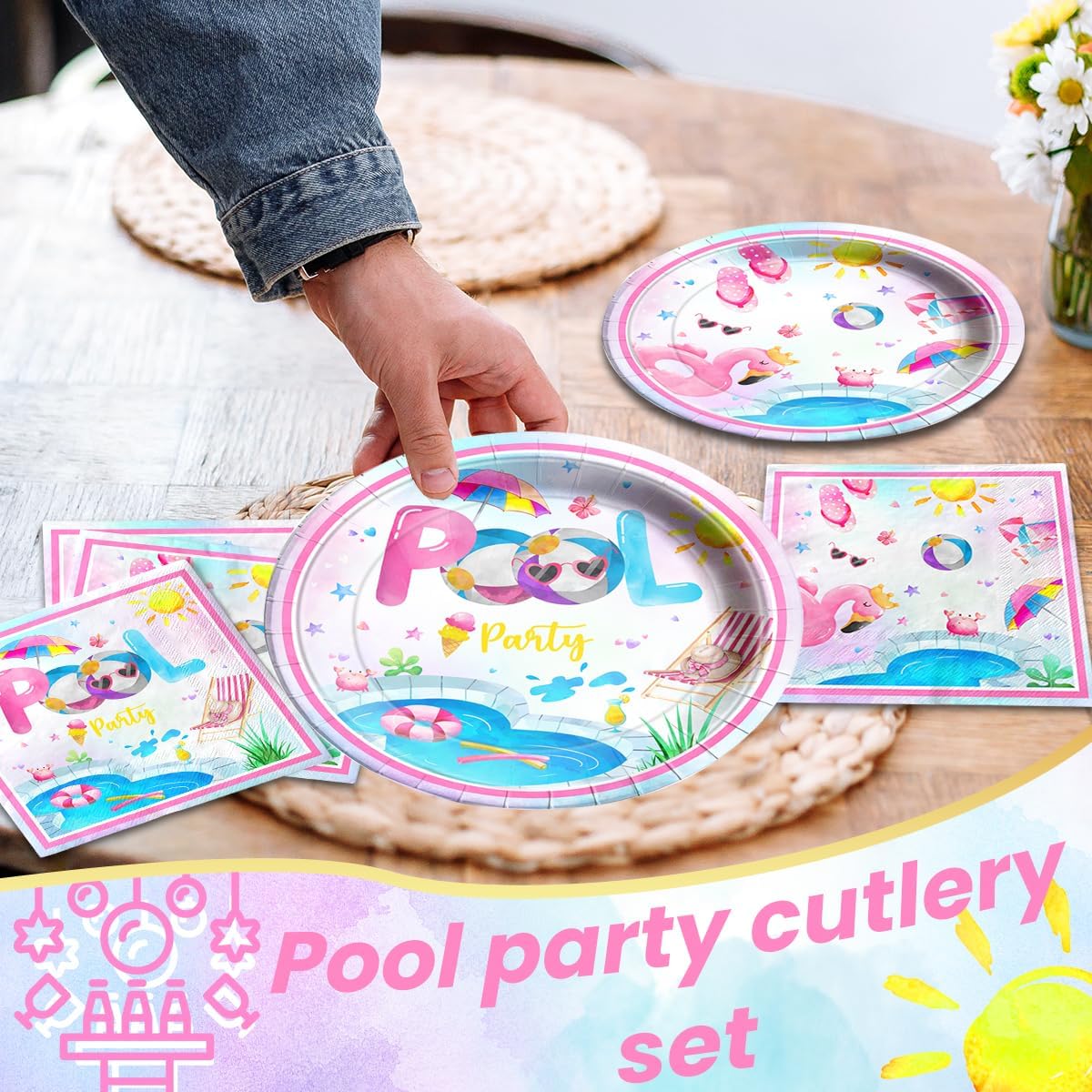 Suministros para fiestas en la piscina, decoración de mesa de cumpleaños rosa para piscina, platos de fiesta de verano, servilletas temáticas de