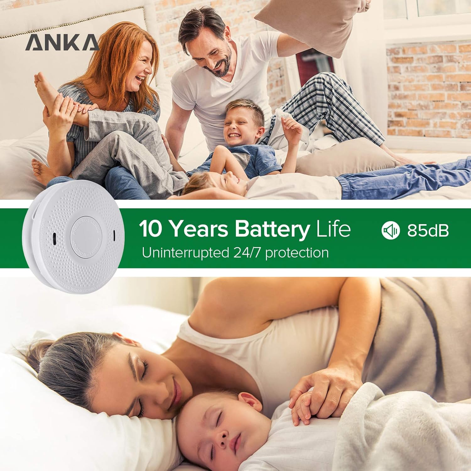 ANKA Detector de humo y monóxido de carbono, batería de 10 años, sin cableado, alarma combinada de humo de doble sensor con función de silencio, UL