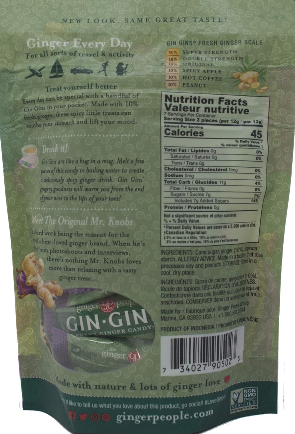Gin Gins Ginger Chews  Caramelo de jengibre masticable variedad de 4 sabores (1) cada uno doble fuerza, original, súper fuerte, jengibre