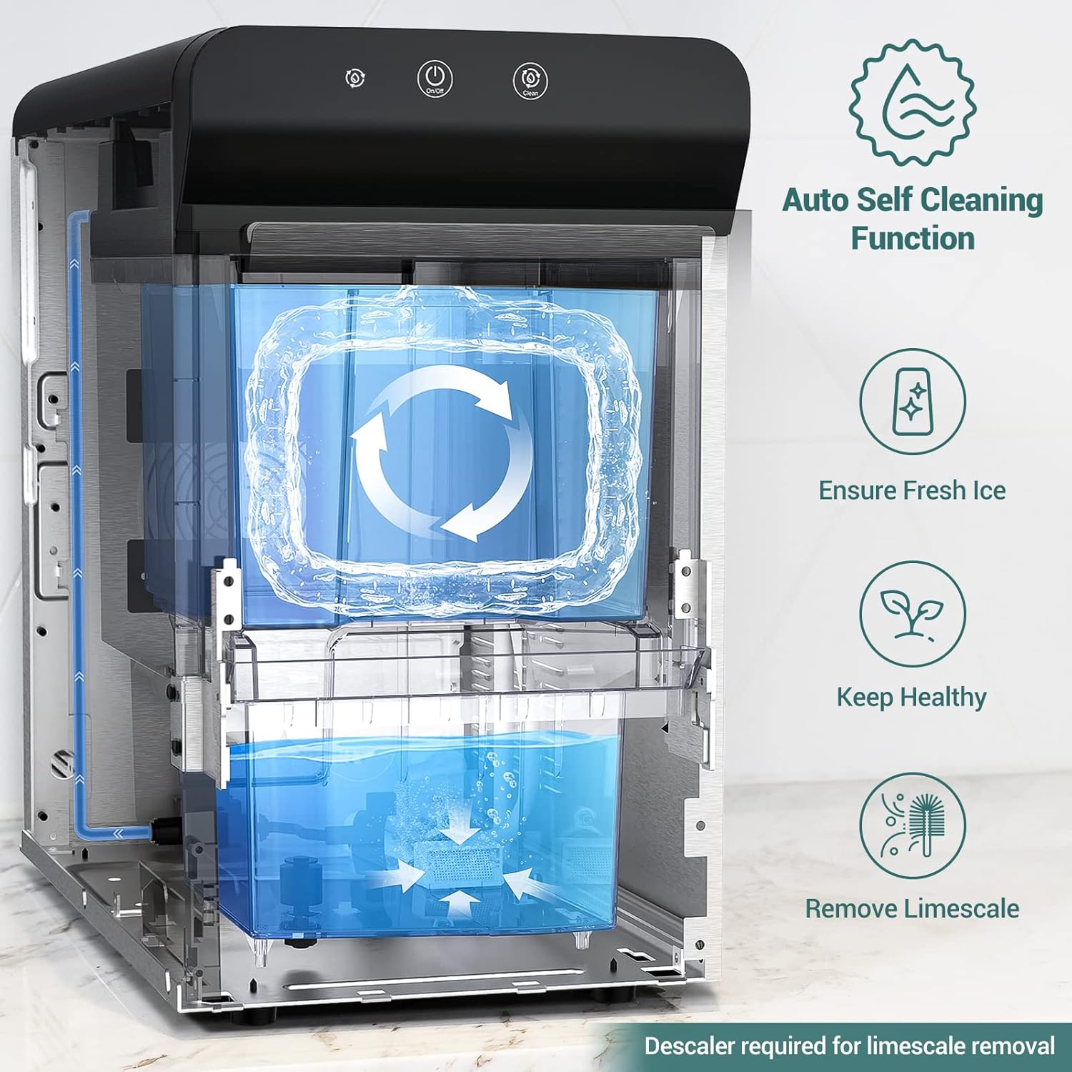 Gevi Household Máquina de hielo de pepitas para encimera GIMN-1000BBK y limpiador de máquina de hielo (4 usos) y tapón de drenaje para máquina de