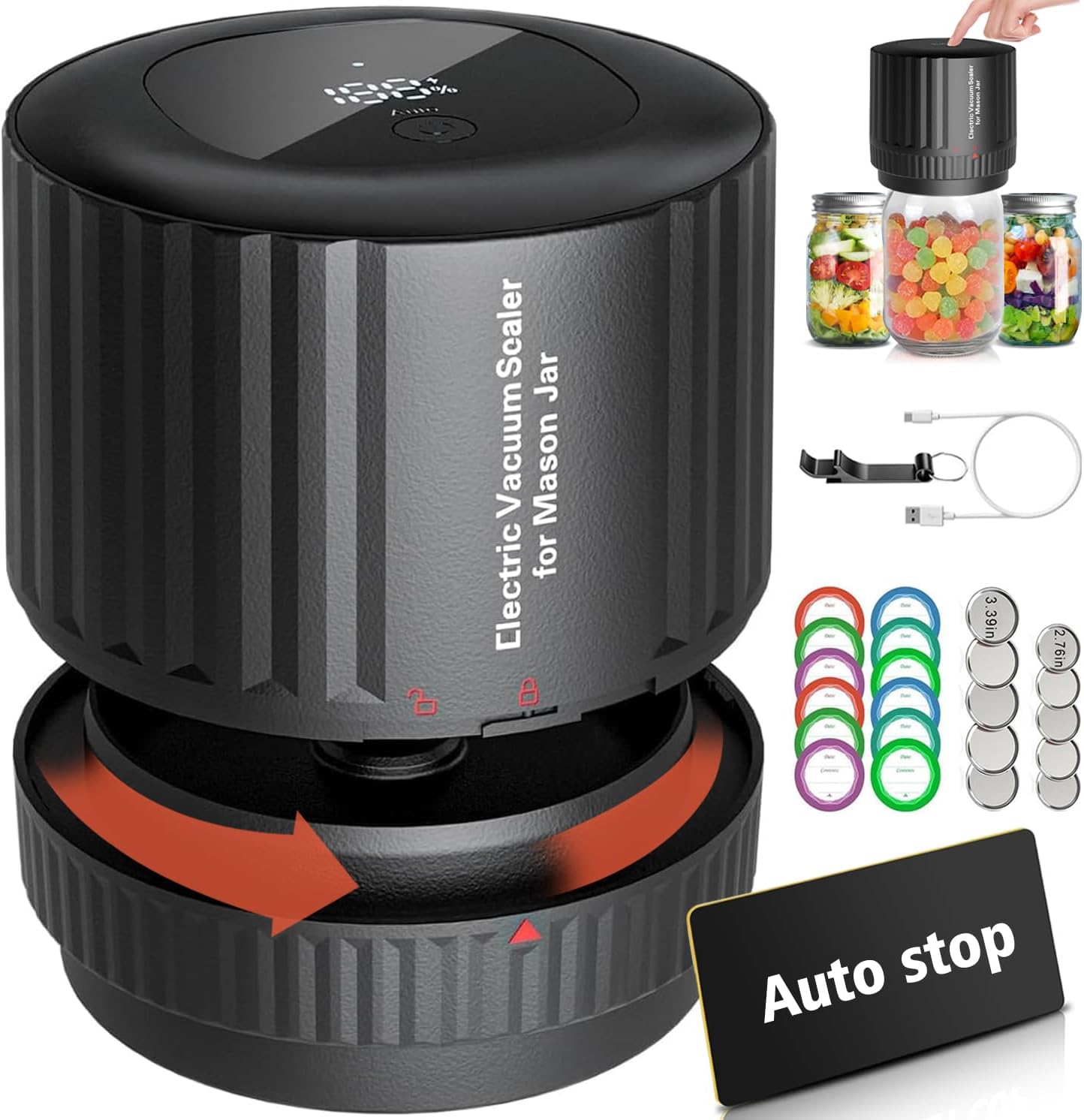 Kit de sellado al vacío eléctrico de tarros de boca ancha y boca regular, utensilios de cocina máquina de sellado al vacío con función de parada