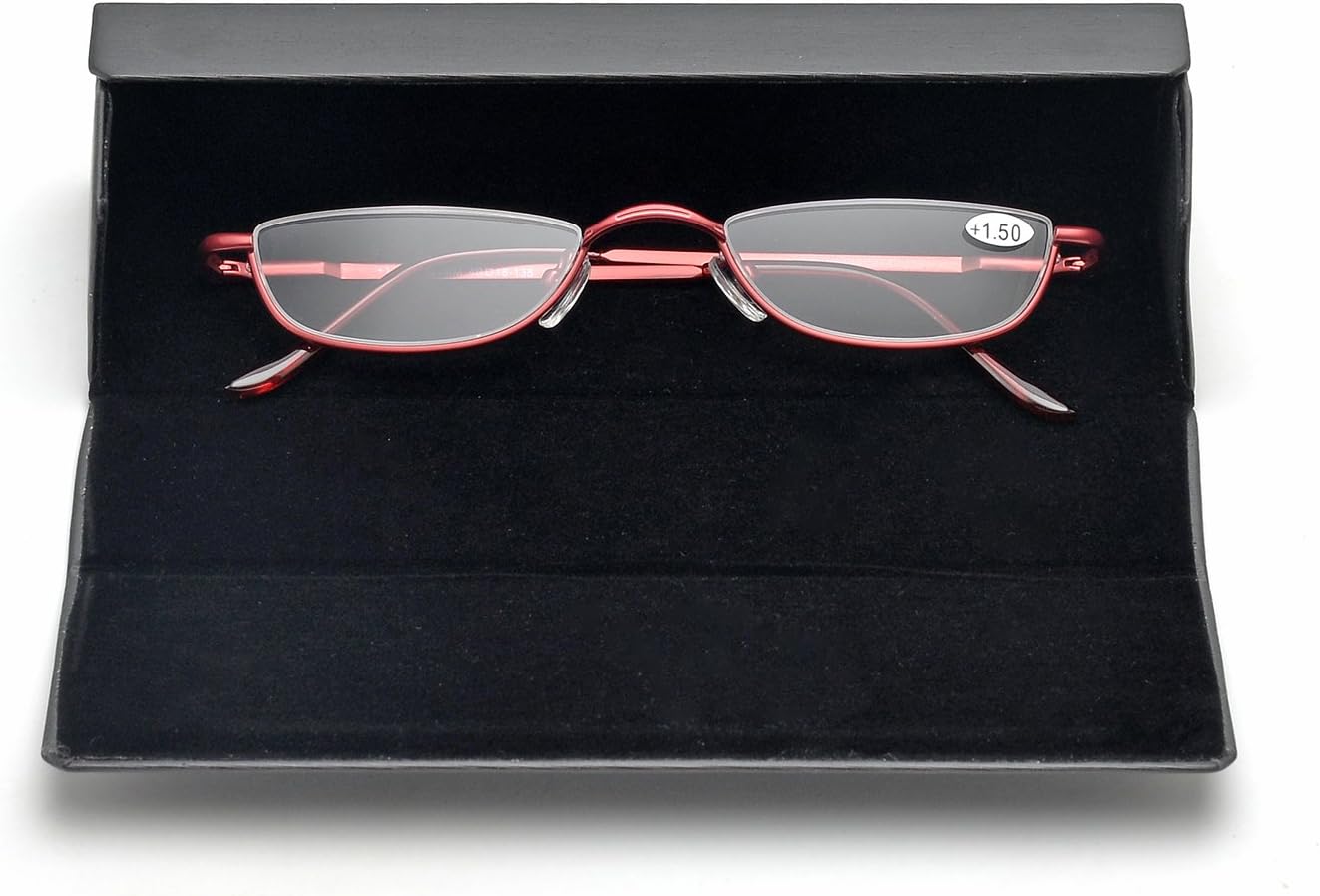 T0340 – Gafas de lectura de aleación vintage sin montura para hombres y mujeres, con elegante estuche