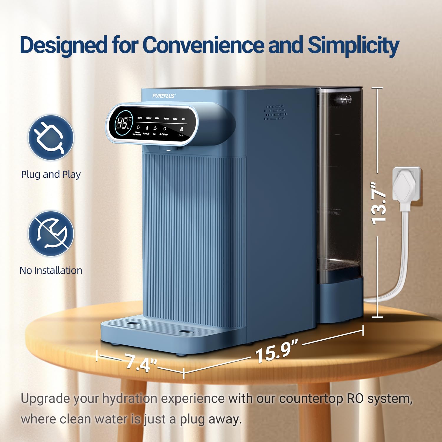 PUREPLUS Sistema de filtración de agua de ósmosis inversa para encimera, filtración de agua de encimera de 5 etapas, dispensador de agua caliente