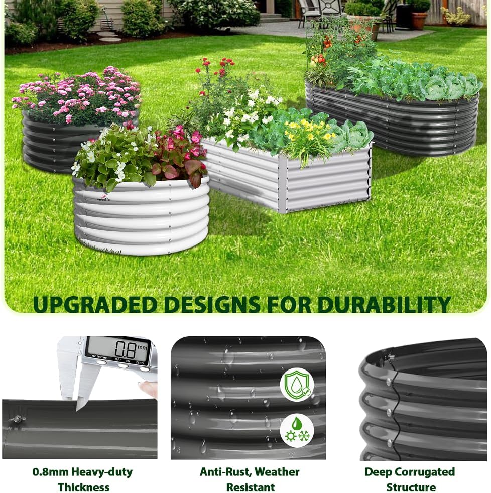 A ANLEOLIFE Jardineras elevadas galvanizadas de 8 x 4 x 1.5 pies para exteriores, maceta ovalada grande de metal para plantar verduras, flores,