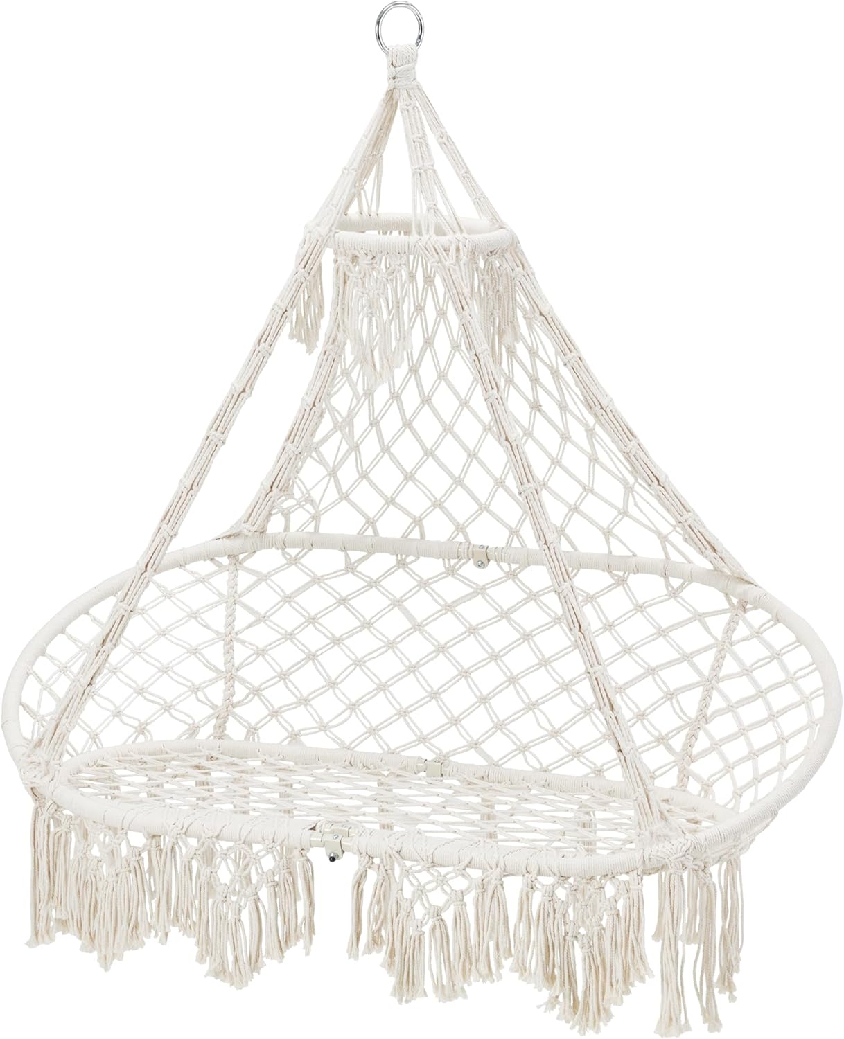 Silla hamaca para 2 personas, columpio de macramé, silla colgante bohemia tejida a mano, marco de metal, capacidad de 400 libras para interiores y