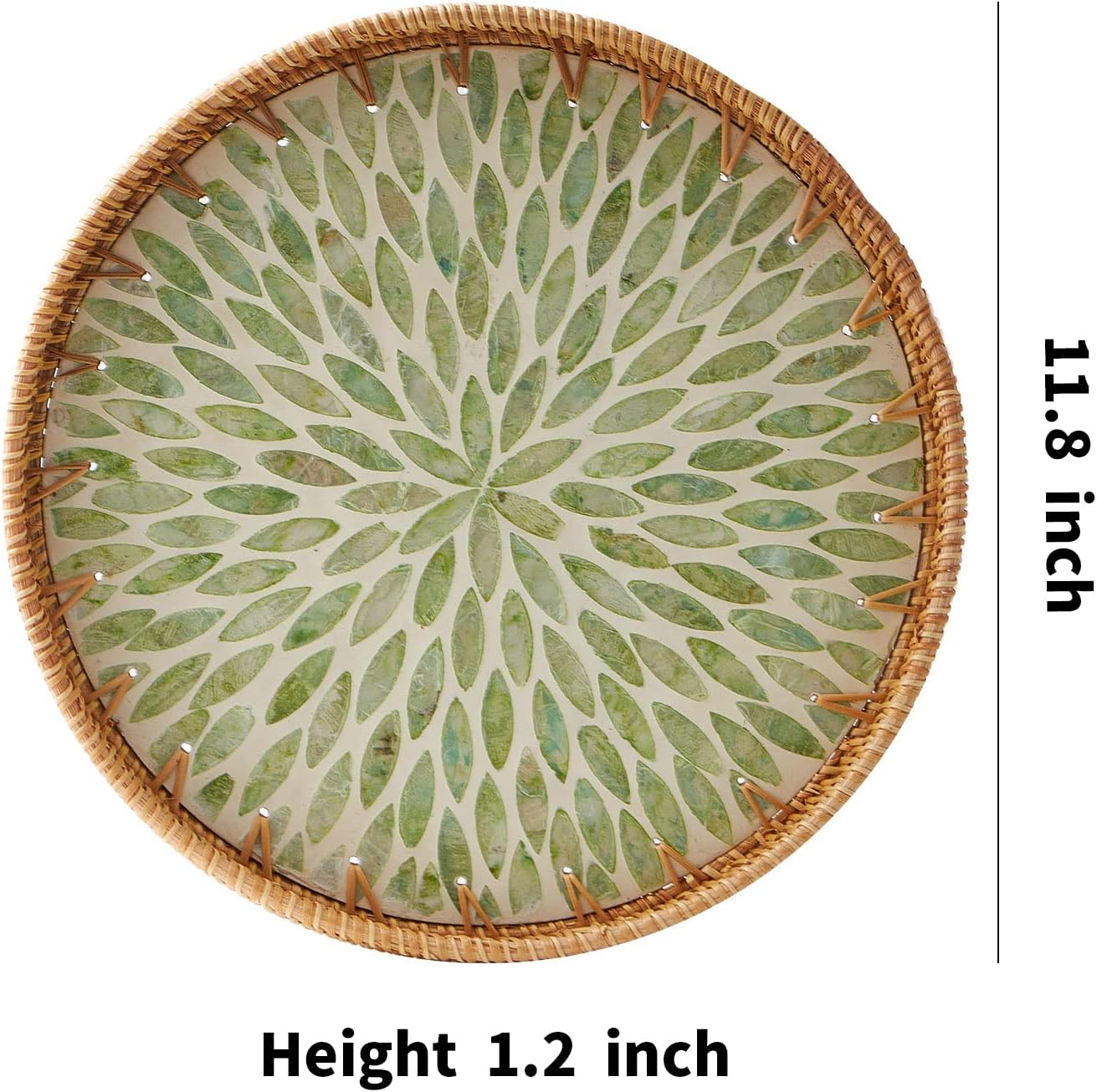 Round Rattan Tray with Mother of Pearl Inlay, Rattan Serving Tray with Wooden Base, Decorative Wicker Basket for Table Decor, Storage and Display of