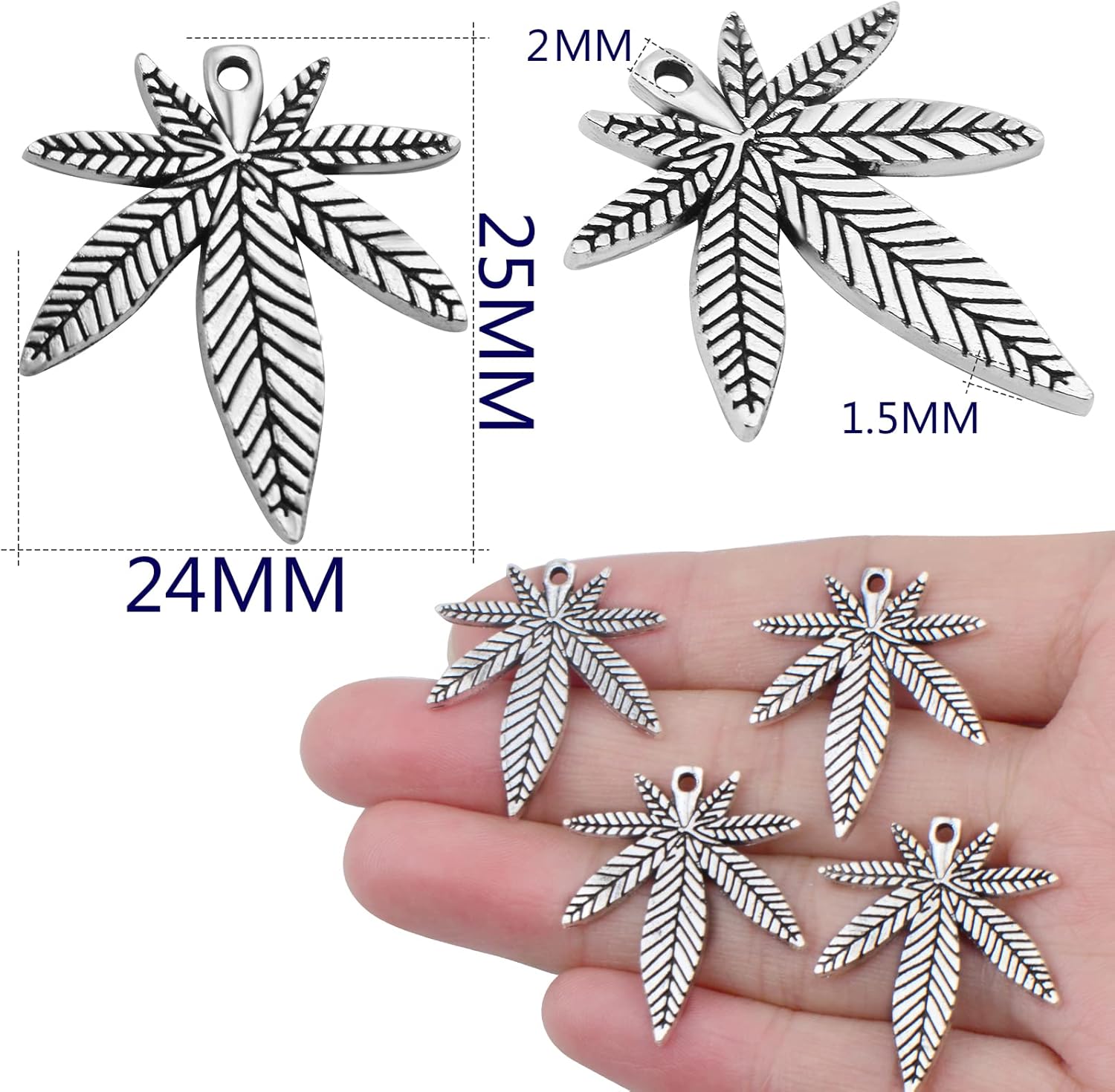 50 dijes de hoja de arce de marihuana de plata antigua, maceta médica, hojas de árbol de cannabis, colgantes para manualidades, aretes, collares,