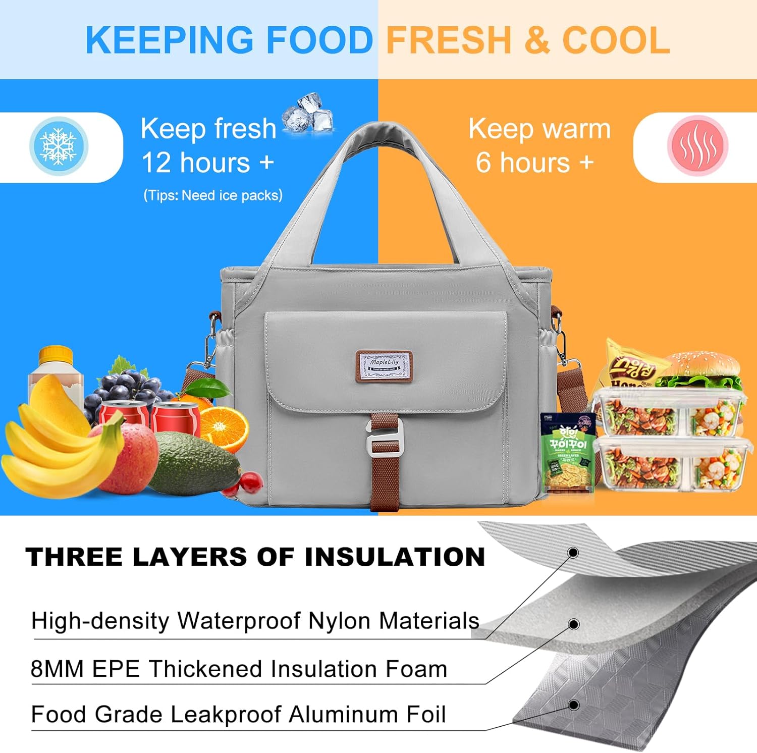 Lonchera para hombres y mujeres, lonchera grande aislada, bolsa de almuerzo a prueba de fugas para adultos, bolsa de almuerzo reutilizable con