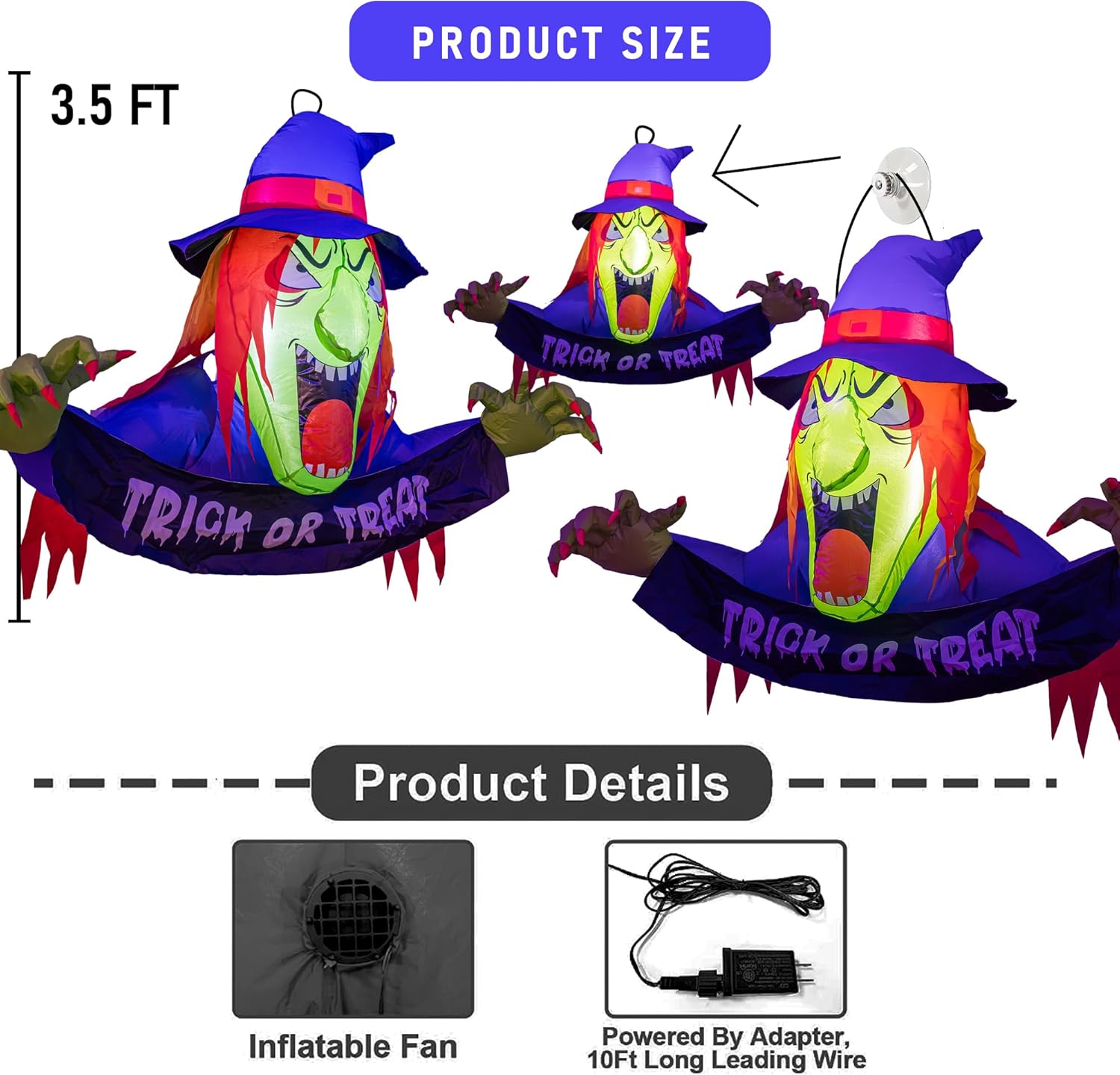Dazzle Bright Bruja inflable de Halloween de 3.5 pies, decoración de ventana de Halloween con LED integrado para fiestas, interiores y exteriores,