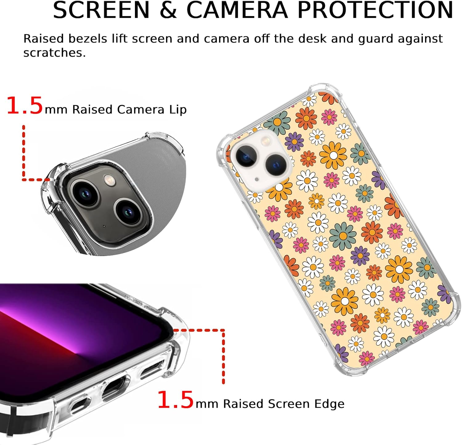 Hippie – Funda colorida de flores retro de los años 70 compatible con iPhone 15, bonita funda estética floral de margaritas para iPhone 15, funda de