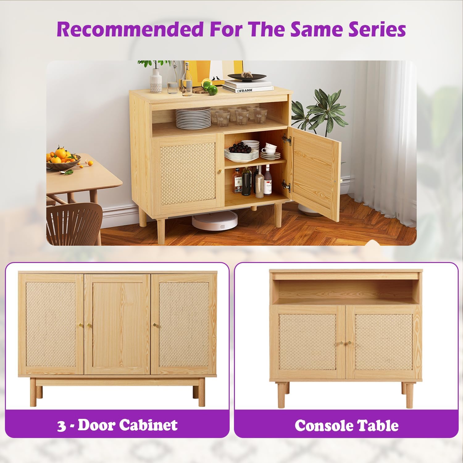 TYBOATLE Armario de buffet moderno con almacenamiento, aparador bohemio con 2 puertas de ratán tejido kraft y estantes ajustables, mesa de consola