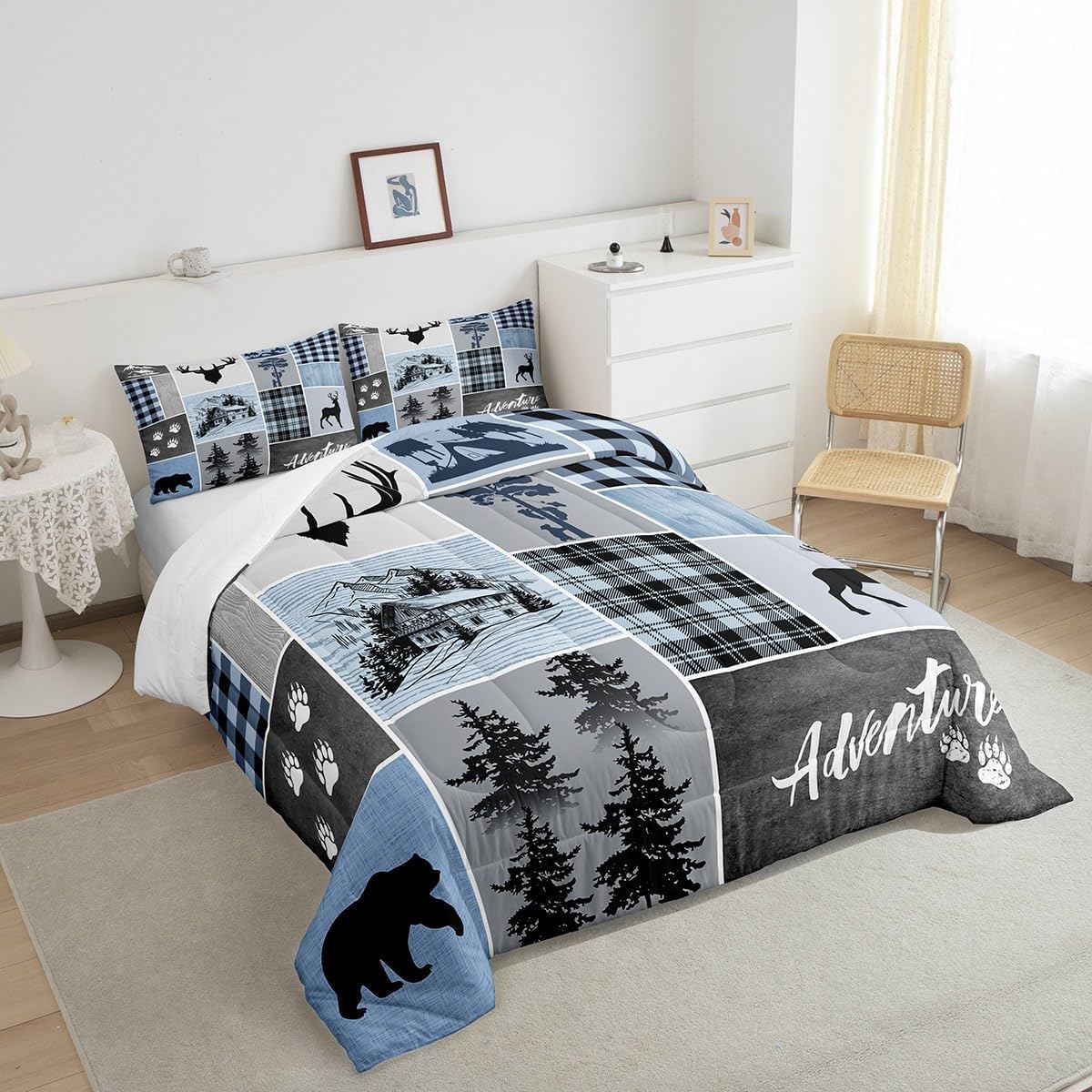 Manfei Juego de edredón de cornamenta de ciervo, tamaño Queen, juego de ropa de cama rústica de Navidad con patas de oso para decoración de