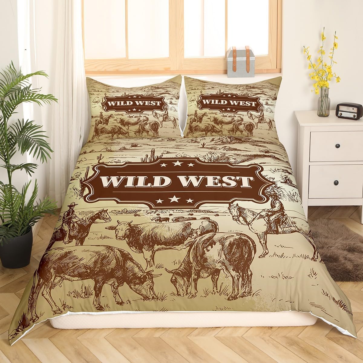 Wild West – Funda de edredón tamaño matrimonial, juego de ropa de cama de vaquero para niños, funda de edredón dibujada a mano con vacas de montaña