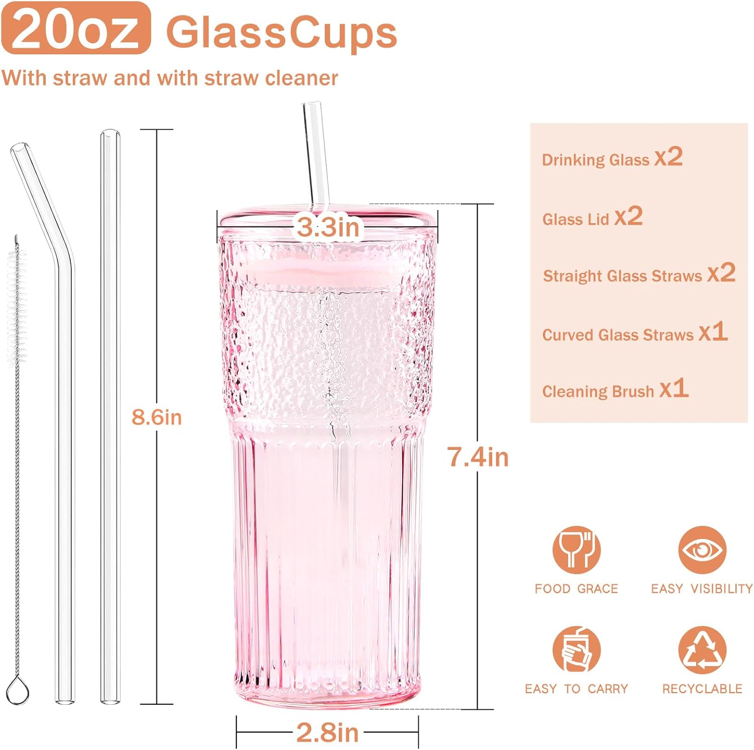 GOSCHE Vasos de vidrio con pajitas y tapas, 2 unidades, tarro de bebida de 20 onzas, tazas de café helado, tazas de vidrio ondulado vintage para
