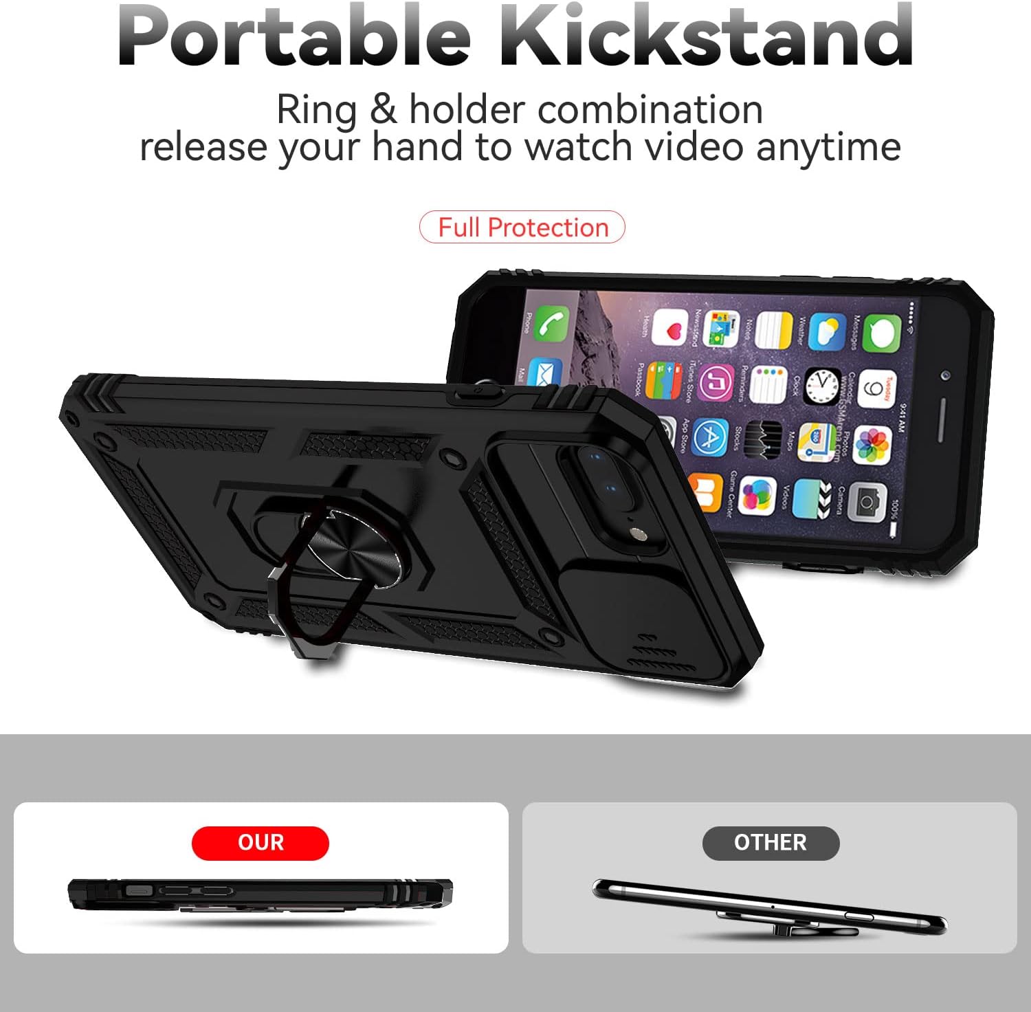 YZOK Funda para iPhone 8 Plus, iPhone 7 Plus, iPhone 6 Plus, con cubierta deslizante para cámara + protector de pantalla HD, soporte de anillo