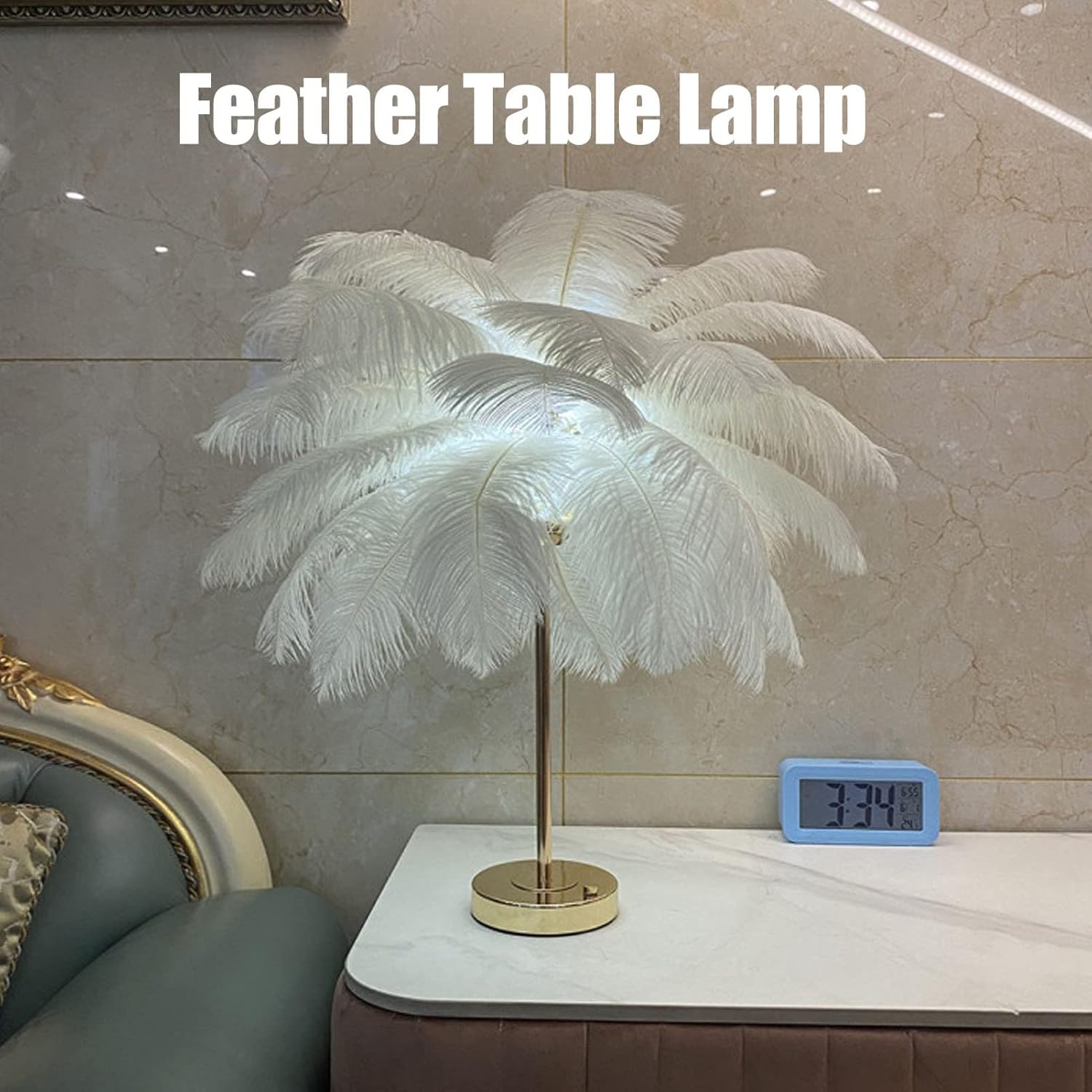 Gugxiom Lámpara de plumas de avestruz, lámpara de mesa de plumas USB, lámpara de princesa, mesita de noche estética, lámpara de escritorio dorada,
