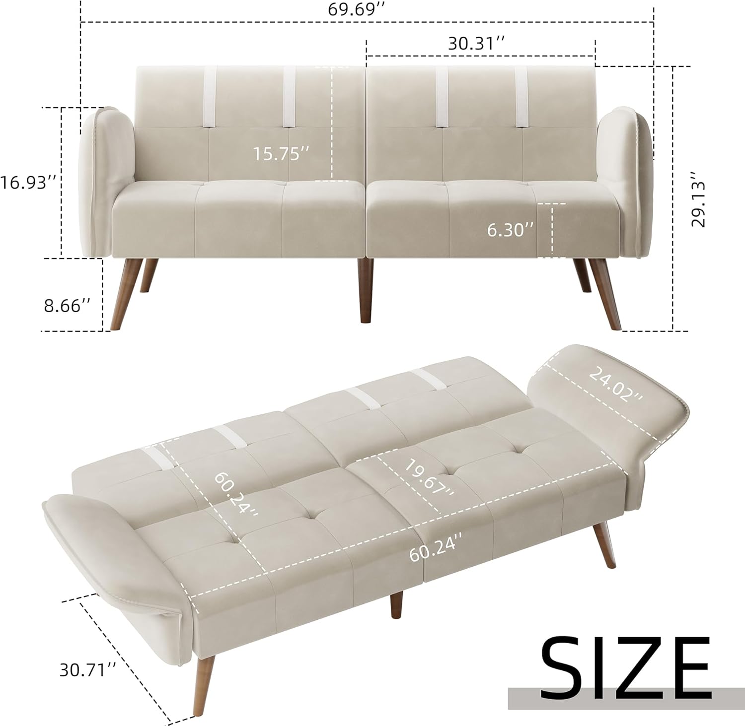 JAMFLY Sofá cama futón de terciopelo de 69 pulgadas, sofá cama convertible con reposabrazos y respaldo ajustables, moderno sofá biplaza para sala de