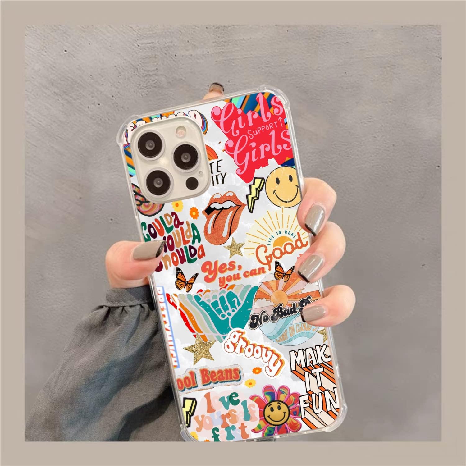 Funda retro de Good Vibes con patrón de mariposa y cara sonriente, compatible con iPhone 15 Pro Max, funda de collage de colores estéticos Trippy