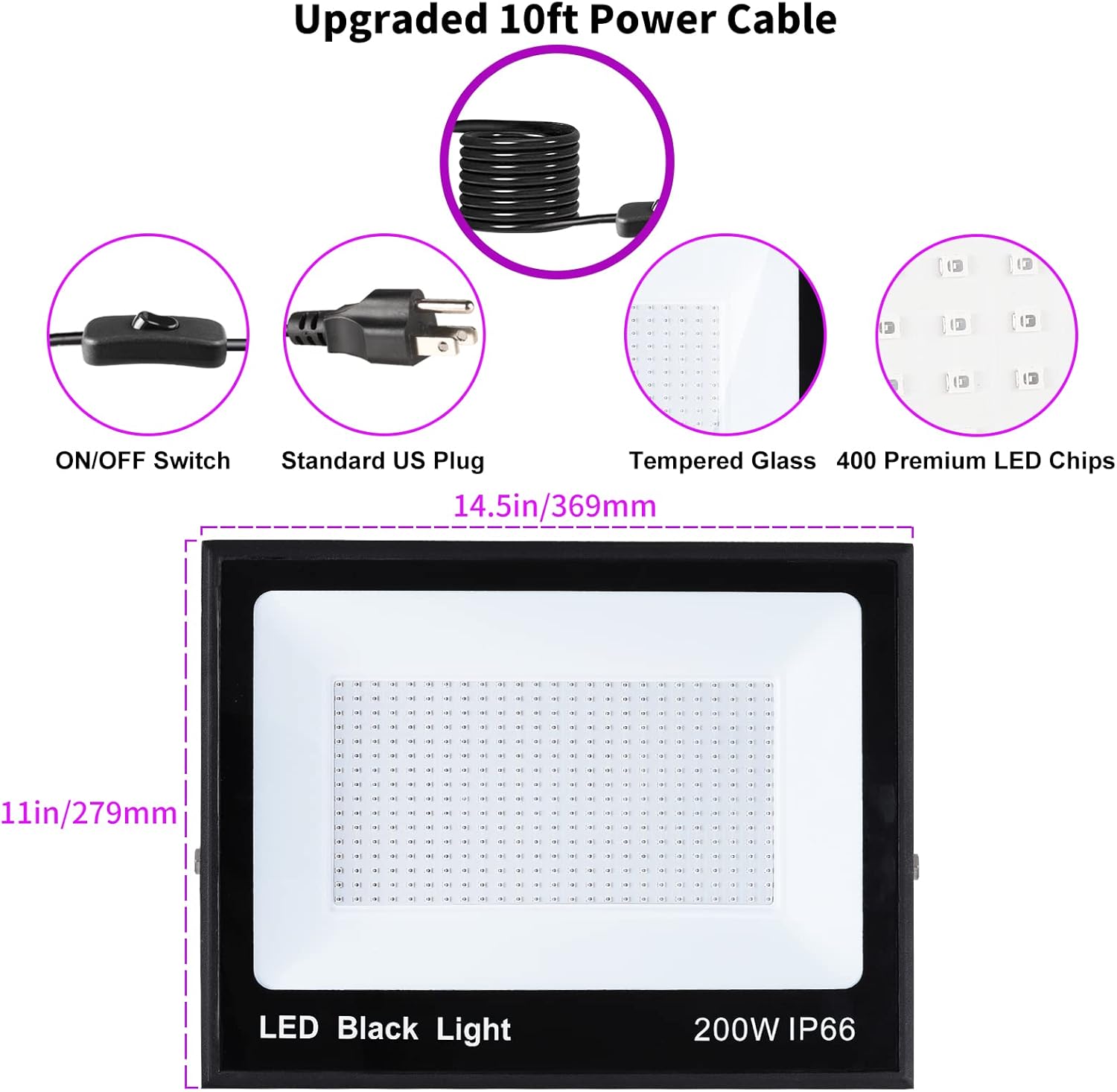 Paquete de 2 luces LED negras mejoradas de 200 W con cable de 10 pies, luz de inundación de luz negra impermeable IP66 para exteriores con
