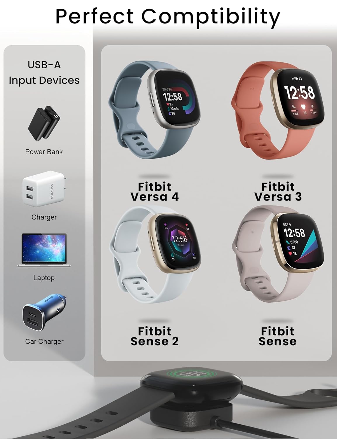 Bicmice Compatible con Fitbit Sense y Versa 3 Charger Cable de carga de repuesto para Sense 2, Sense, Versa 4, Versa 3 Smartwatch de 3.3 pies, cable