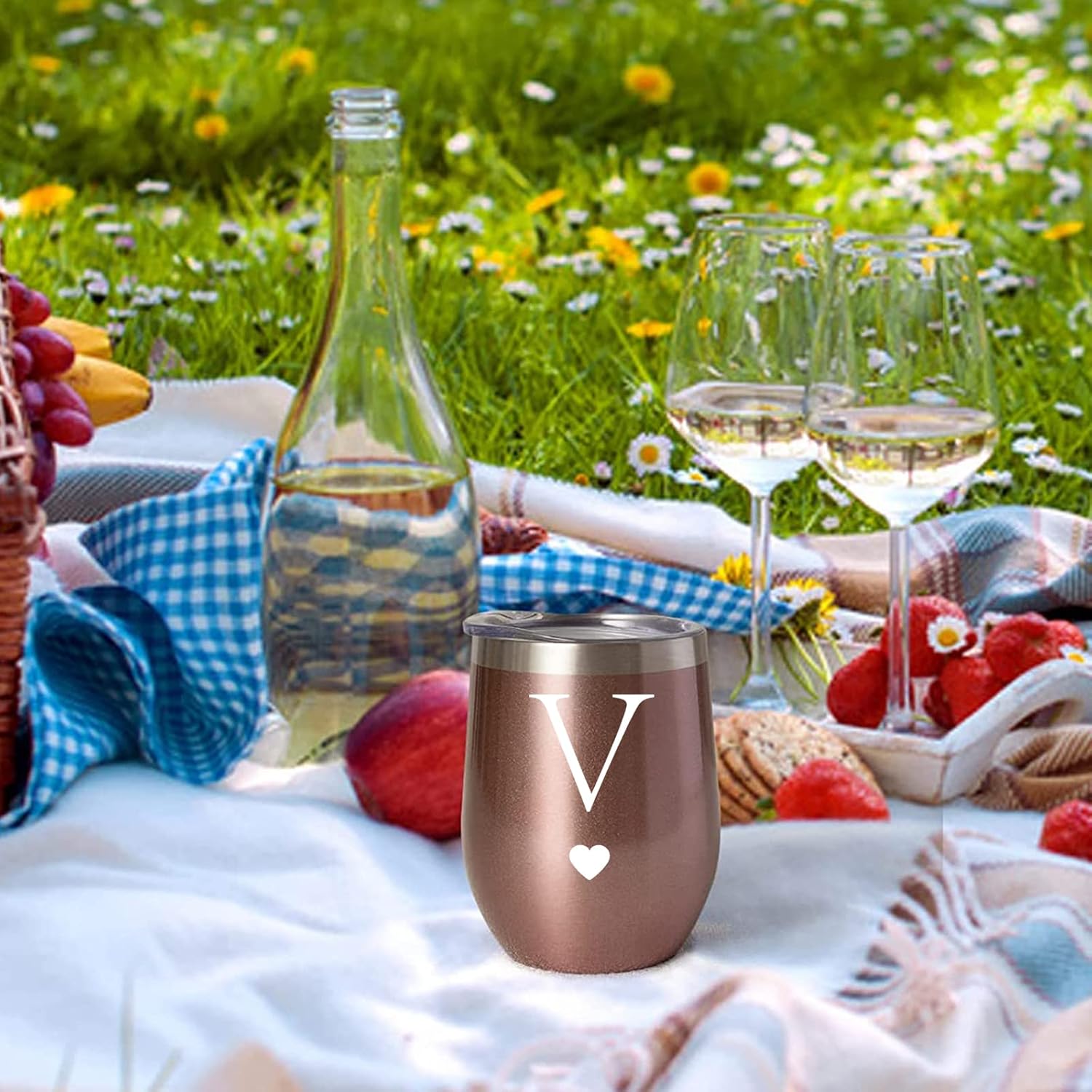 Regalos iniciales personalizados, vaso de vino de acero inoxidable de 12 onzas con cepillo para pajilla, taza insultada de oro rosa, regalo de boda,