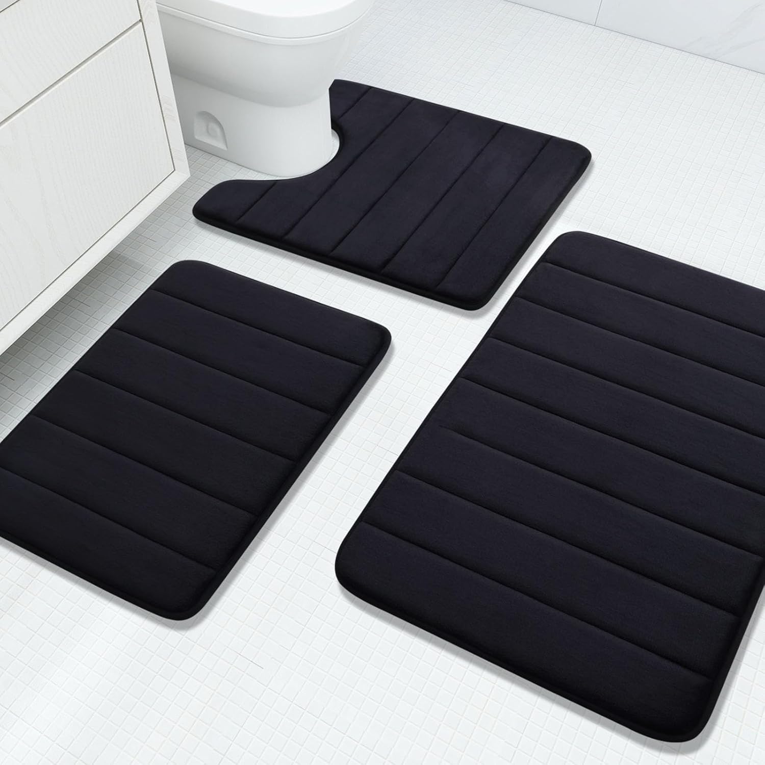 Buganda – Juego de 3 alfombras de baño con espuma viscoelástica gruesa y suave, absorbentes, antideslizantes, lavables, distintos tamaños