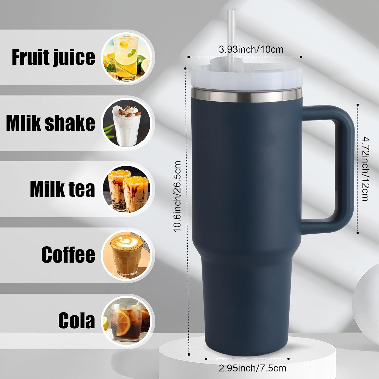 Boderi Vaso de 40 onzas con asa y pajita, vaso de acero inoxidable con tapa y tapa de pajita, taza de café aislada al vacío de doble pared, taza de