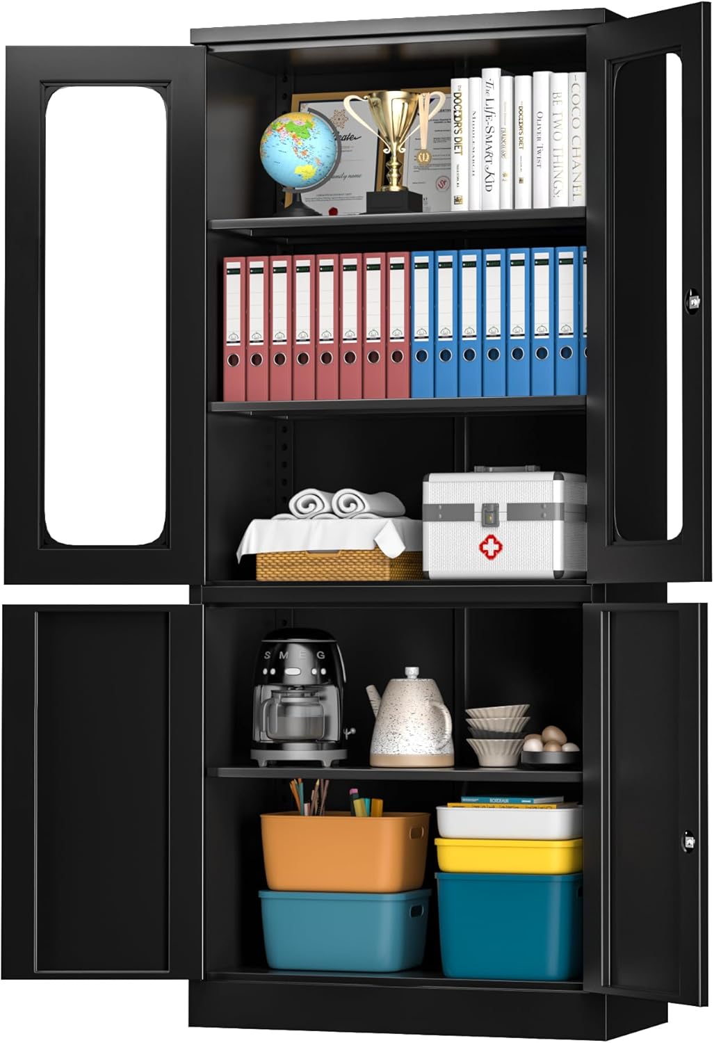 Greenvelly Armario de almacenamiento de metal con 2 puertas y estantes ajustables, armario de acero de 72 pulgadas con puertas de vidrio, gabinete