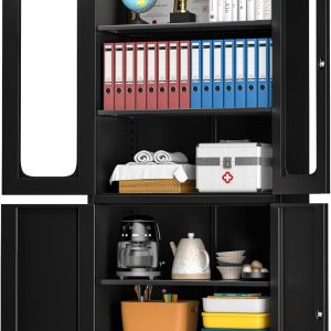 Greenvelly Armario de almacenamiento de metal con 2 puertas y estantes ajustables, armario de acero de 72 pulgadas con puertas de vidrio, gabinete Greenvelly Armario de almacenamiento de metal con 2 puertas y estantes ajustables, armario de acero de 72 pulgadas con puertas de vidrio, gabinete